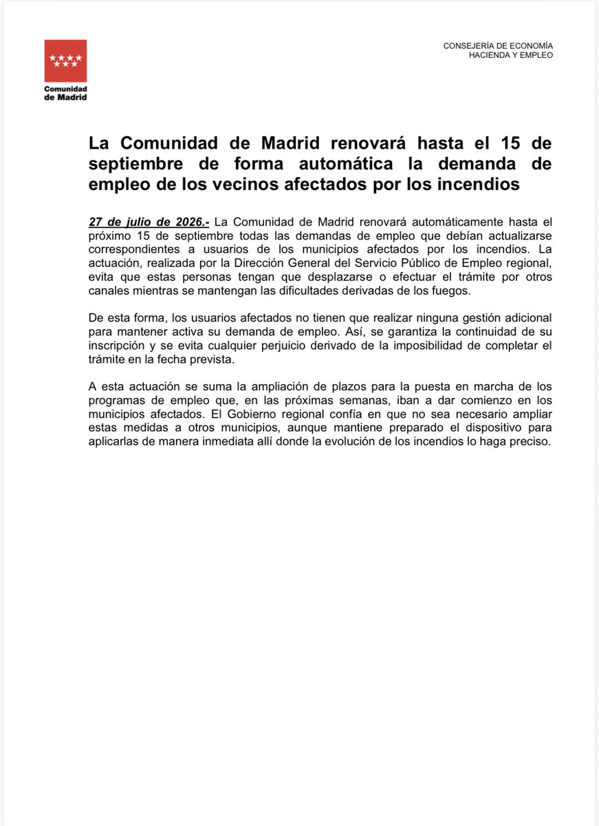 ComunidadMadrid's tweet photo. 🔴 La Comunidad de Madrid renovará hasta el 15 de septiembre de forma automática la demanda de empleo de los vecinos afectados por los incendios.

👉 Lo ha anunciado @IdiazAyuso desde el Puesto de Mando Avanzado de #Navalcarnero.

#IFSierraOeste
#INFOMA26 https://t.co/J9rMSFi14P