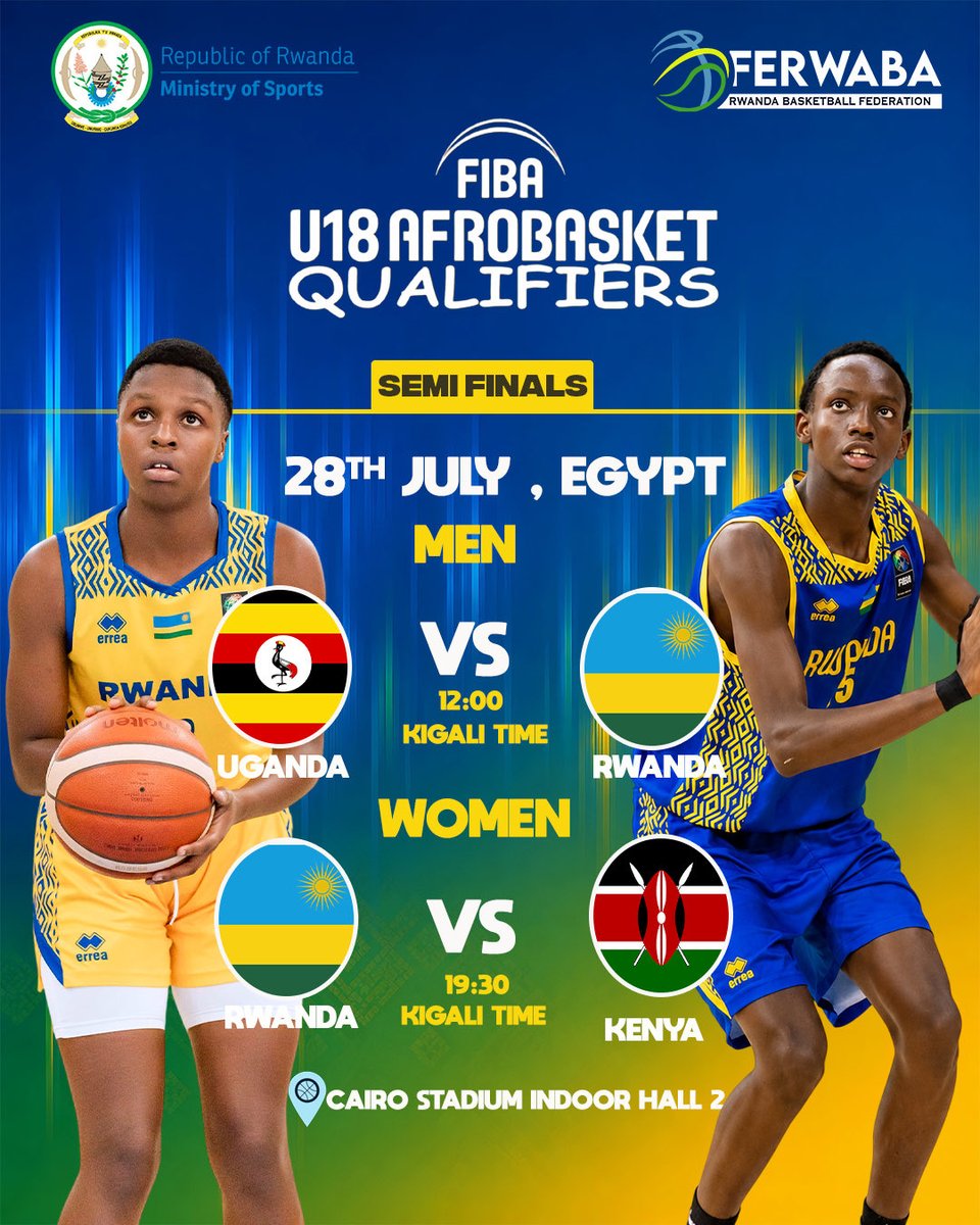 ferwabaRW's tweet photo. ๐ท๐ผ SEMI-FINALS BOUND! ๐ฅ๐
Rwandaโs U18 Men and Women are ready to battle for a place in the finals at the FIBA U18 AfroBasket Qualifiers! ๐ช๐พ๐ท๐ผ https://t.co/g7MHHGGHxM