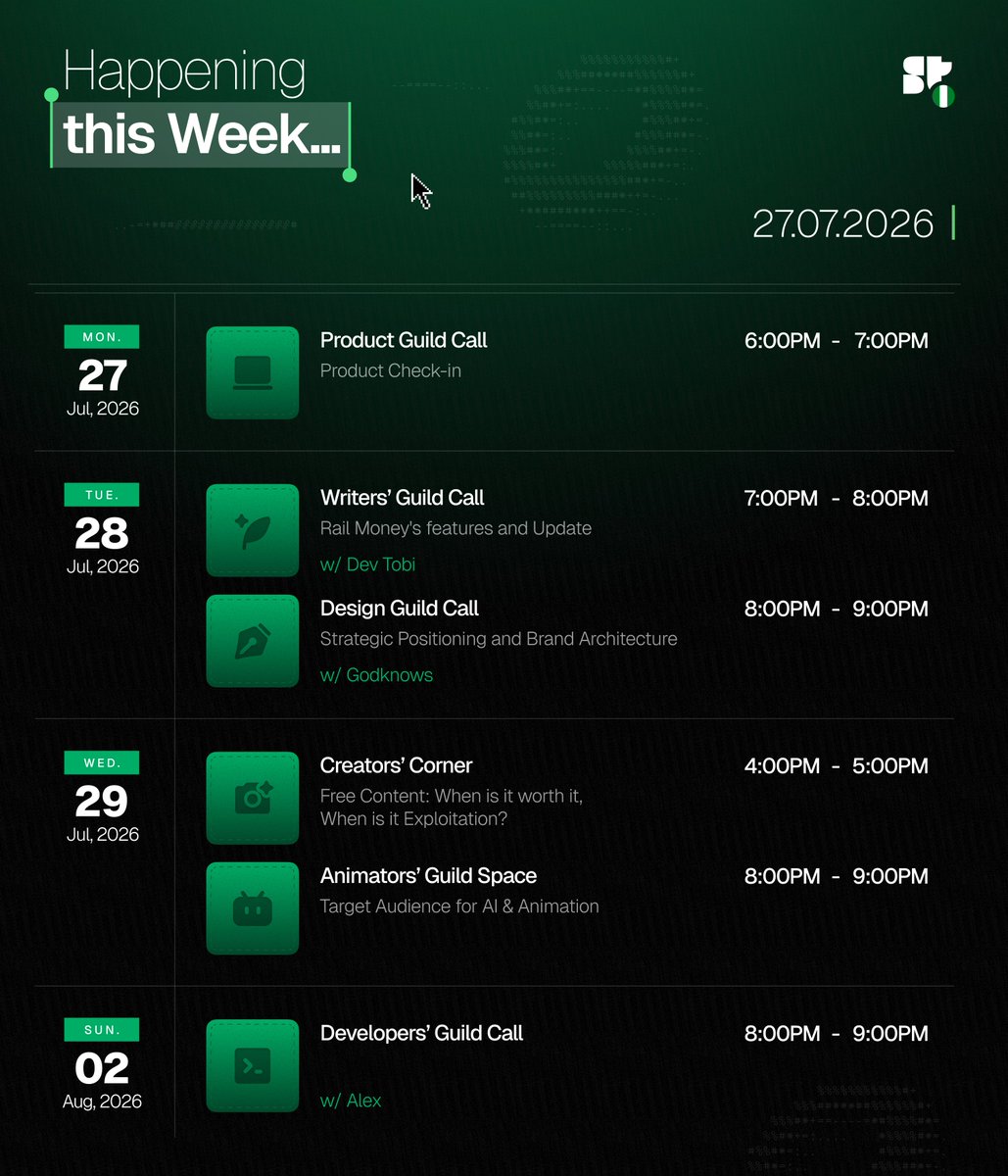 SuperteamNG's tweet photo. Another packed week in the SuperteamNG ecosystem!    

From Product, Writers', Design, Creators, Animators and Developer Guild calls, there’s something for everyone.      

Products Guild: @thelilinuel
Writers' Guild: @Asiel_amaka
Design Guild: @callme_TOC
Creators Guild: @kryptdou_
Animators Guild : @DamiDx & @OgunjobiDaniel2 
Developers Guild: @alexfavour