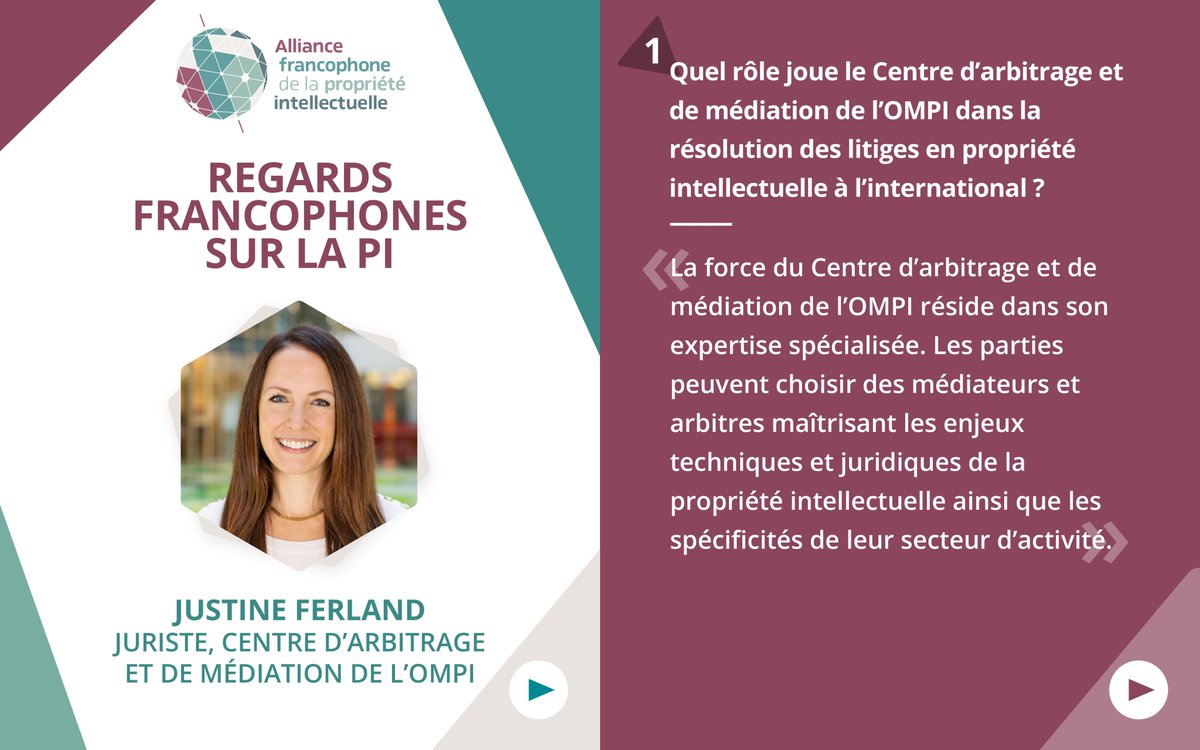 INPIFrance's tweet photo. 🎙️ Entretien avec Justine Ferland : résoudre les litiges en propriété intellectuelle grâce à la médiation et à l'arbitrage

Le 29 avril dernier, Justine Ferland est intervenue lors du webinaire organisé par la Fédération des Entreprises du Congo et le Centre d'arbitrage et de médiation de l'OMPI (@WIPO) sur le thème « Les modes alternatifs de résolution des litiges pour les PME et les start-ups ». L'occasion pour l'Alliance francophone de la propriété intellectuelle de revenir sur ce sujet à travers un entretien avec cette juriste du Centre d'arbitrage et de médiation de l'OMPI.

🗣️ Dans cet échange, elle partage son expertise sur les enjeux de la médiation et de l'arbitrage en matière de propriété intellectuelle. Elle évoque également les opportunités qu'offrent ces modes alternatifs de résolution des litiges pour les entreprises et les perspectives de leur développement au sein de l'espace francophone.

👉 Retrouvez son interview sur le site de l’Alliance : https://t.co/WbAIAyX6BL

Découvrez par ailleurs d’autres informations sur la médiation sur le site de l’INPI France : https://t.co/Rz5iCW83Md