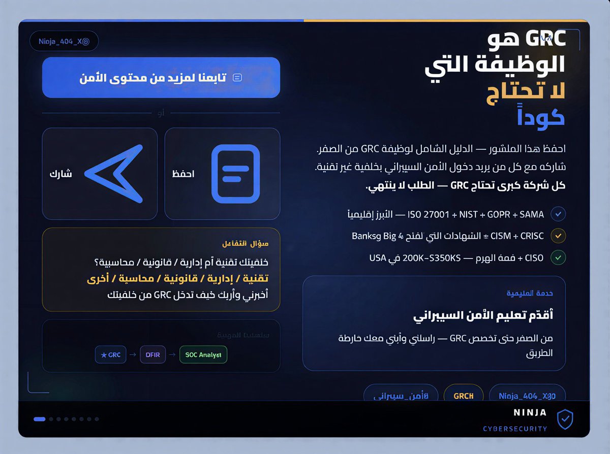 Ninja_404_X's tweet photo. المليونية. 🛡️

​كيف يمسك هذا التخصص بزمام المؤسسة الأمنية؟ التفاصيل هنا 👇

​#الأمن_السيبراني #السعودية #حوكمة #NCA #PDPL #إدارة_المخاطر #GRC #وظائف_السعودية #تقنية #cybersecurity #رؤية_2030 #أمن_سيبراني #امن_سيبراني https://t.co/GGGeNs2Meh