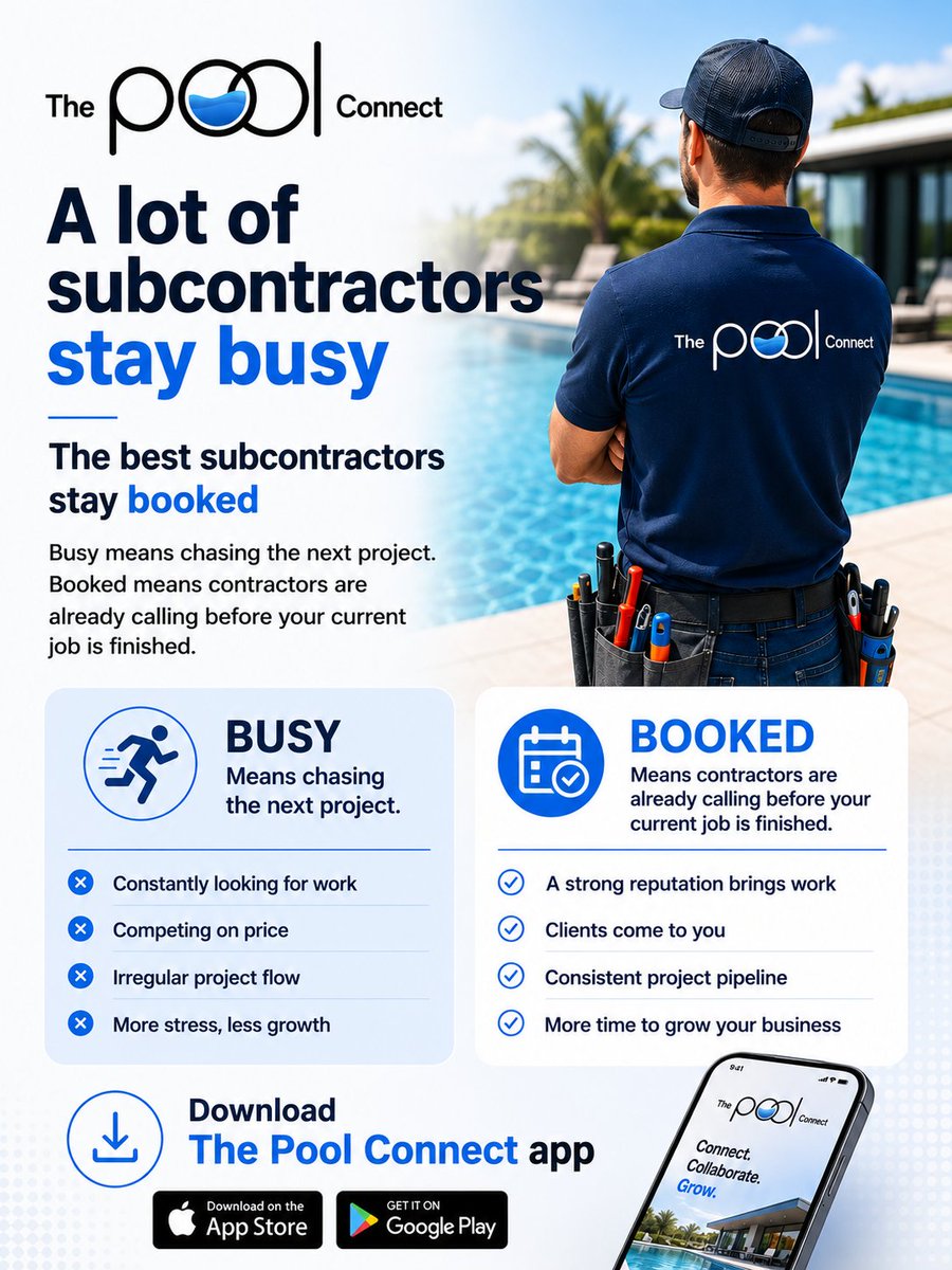 pool_connect's tweet photo. Being busy isn't the goal. Staying booked is.
The best subcontractors don't just complete great work—they build a reputation that keeps new opportunities coming before the current project ends.
📲 Download The Pool Connect today.
#ThePoolConnect #PoolContractors #Subcontractor https://t.co/fwRIpL6ZvX