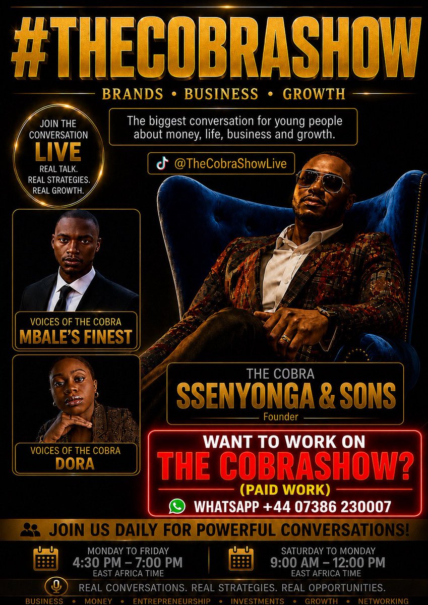 TheCobraShowUG's tweet photo. 🔥TODAY ON THE COBRASHOW
🔥EPISODE 102, LIVE • 4.30 PM

Your voice. Your story. Your opportunity

1. Why do some people work hard but still remain broke?

2. Do high-body-count people of either gender ever actually become good long-term partners?

3. Is “I’m not ready” just “I’m ready for someone else”?

4. What money mistake taught you the biggest lesson? 

Brands. Business. Growth. 🎙️