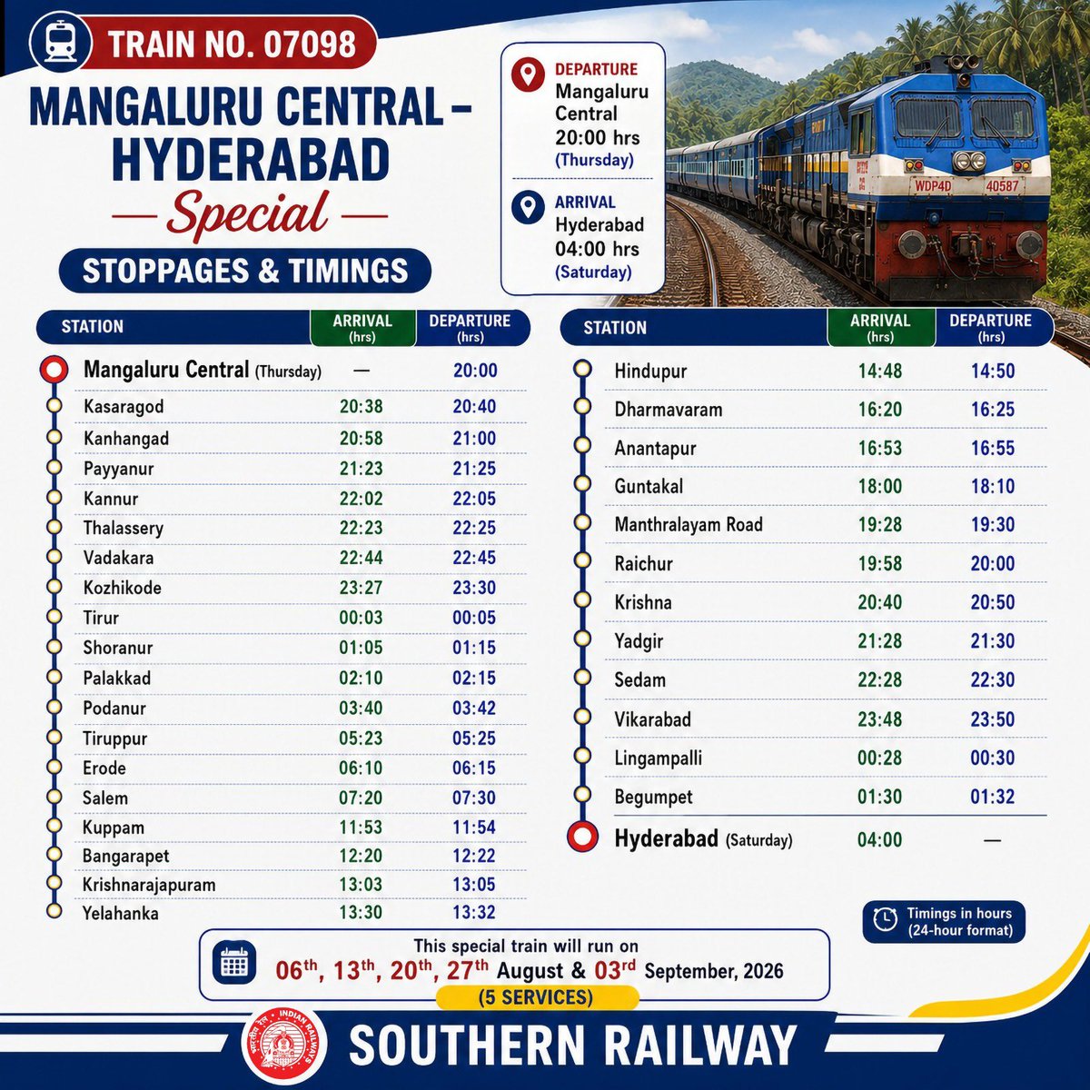 GMSRailway's tweet photo. Hyderabad–Mangaluru Special Trains are extended with revised timings.

Check the schedule and plan ahead. 🚆✨ 

#SouthCentralRailway #SouthernRailway https://t.co/WIDNZlcclz