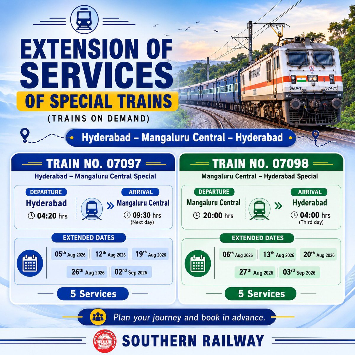 GMSRailway's tweet photo. Hyderabad–Mangaluru Special Trains are extended with revised timings.

Check the schedule and plan ahead. 🚆✨ 

#SouthCentralRailway #SouthernRailway https://t.co/WIDNZlcclz
