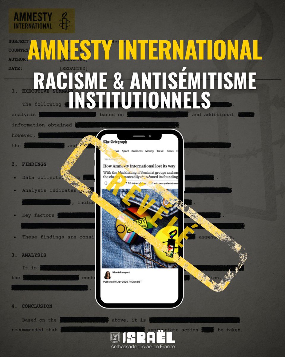 IsraelenFrance's tweet photo. Derrière la façade des « droits de l'homme », @amnesty fonctionne comme une machine de propagande corrompue.

Les faits mis en avant :

❌ The Telegraph a révélé ce qu'il décrit comme un racisme toxique et une obsession anti-Israël au sein de l'organisation.

❌ Des lanceurs d'alerte affirment qu'une méthodologie corrompue est utilisée : les conclusions seraient déterminées à l'avance, puis les données manipulées pour les étayer. 

❌ Karim Khan aurait bénéficié d'une indulgence face à des accusations d'inconduite sexuelle en raison de son rôle dans des démarches visant Israël.

Même la famille du fondateur prend ses distances avec l'organisation. Cessez de dissimuler vos partis pris derrière une prétendue « éthique ».