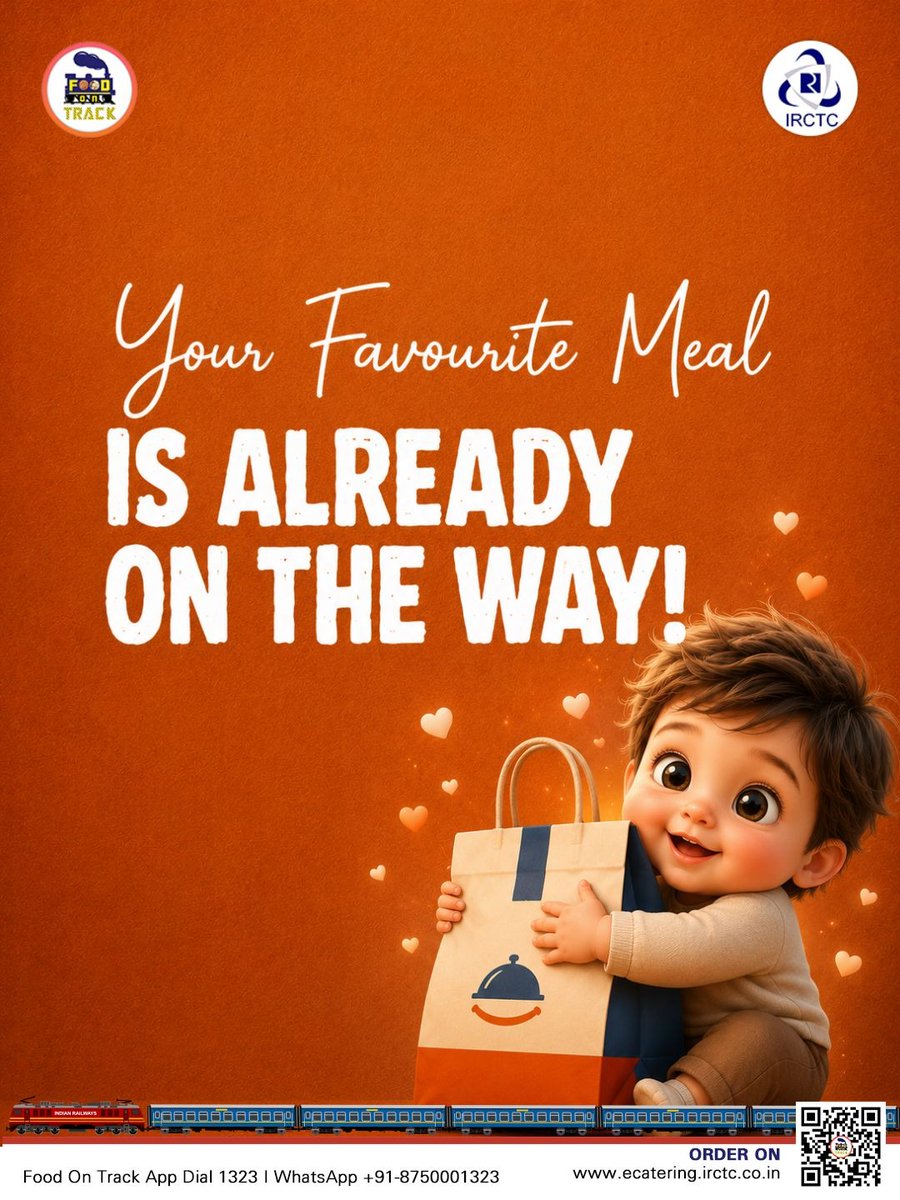 eCateringIRCTC's tweet photo. Tiny cravings deserve the biggest smiles! 💛 With IRCTC eCatering, your favourite meal is just a few taps away and delivered right to your train coach. From comfort food to regional delicacies, enjoy fresh, hygienic, and delicious meals without missing a moment of your journey. Because every little foodie deserves a happy surprise. Order your favourite meal on the Food on Track app and let happiness arrive, one bite at a time!

Order your meal with IRCTC e-Catering.
🌐 https://t.co/sj0NT7G2Cn
📲 Install #FoodOnTrack app
📞 Call 1323
📱 WhatsApp +91-8750001323