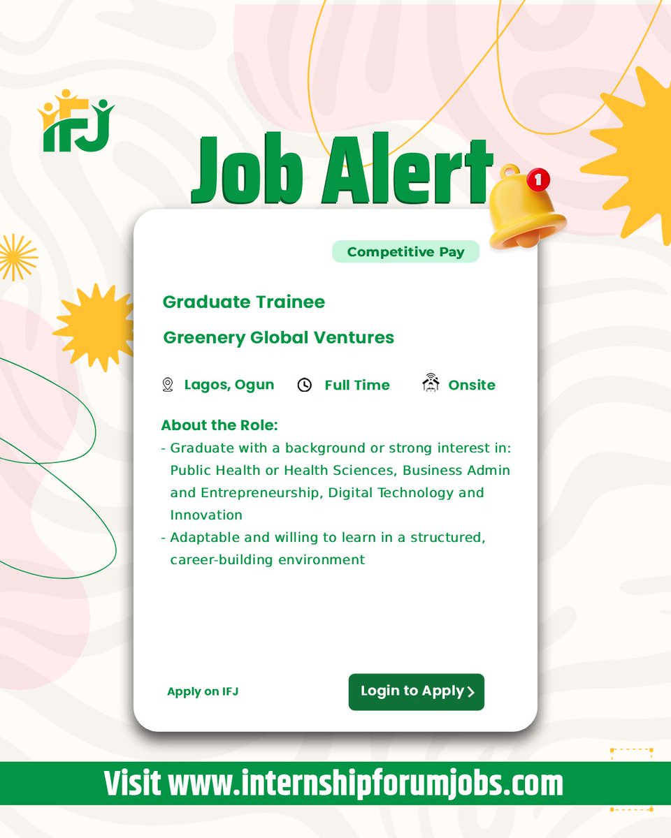 internship60831's tweet photo. Job Alert 🔔

Graduate Trainee Programme at Greenery Global Ventures : https://t.co/nt0xK2a2Cp

Join our channel for more updates: https://t.co/ZgyK9SDQnW
#jobsearch #graduate #NigeriaJobs #CareerOpportunity #InternshipForumJobs https://t.co/1ZtVzMxBgY