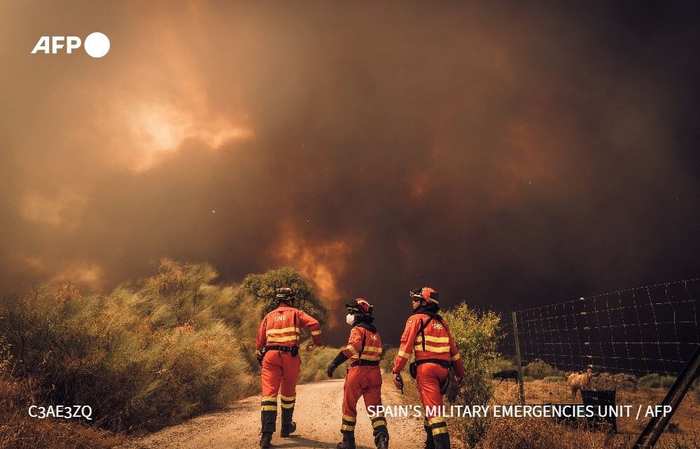 afpfr's tweet photo. 🇪🇸🚒 L'Espagne s'apprête à vivre une nouvelle vague de chaleur à partir de mercredi et ce, "au moins" jusqu'à dimanche, a annoncé l'Agence météorologique nationale, alertant de risques "extrêmes" d'incendies, au moment où le pays vit les pires feux de forêt de son histoire. https://t.co/MXJDbXhqwU