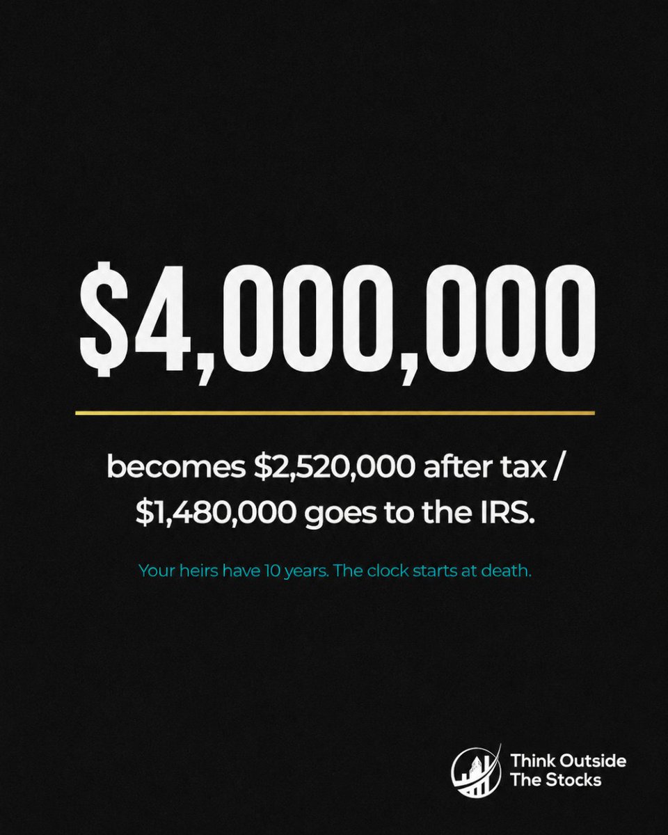 MadhaviThinks's tweet photo. Your heirs have 10 years to empty your 401k. SECURE Act rule. 
On a $4M balance that is $400K per year. Taxed as ordinary income. On top of their salary. At 37% that's $148K in tax every single year. $1.48M total.
You earned diligently, Saved taxes carefully. They'll pay the bill https://t.co/4n3CEtfzVs