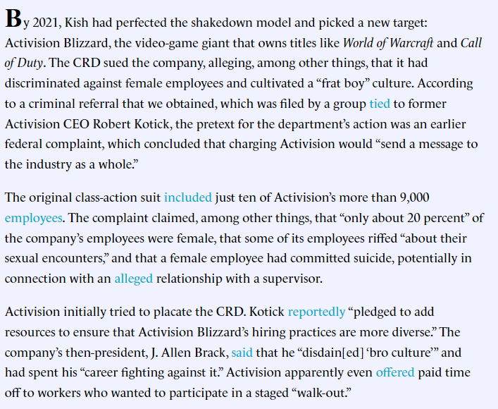 bumbadum14's tweet photo. In case you didn't know, all of the allegations of sexual misconduct, abuse, harassment, and "frat boy culture" was entirely fake and the state of California even admitted that there was no evidence substantiating any of the claims. 

The ENTIRE controversy around Blizzard was setup by California to force the company to stop hiring White men using MeToo allegations to strong arm them.

Some of these accusations were so bizarre and insane that they included:
- Theft and consumption of breastmilk during work hours
- A "rape room" named after Bill Cosby
- Sexual harassment to the point of an employee ending her own life

All of these claims were essentially a theatre performance over the fact that ONLY 1-in-5 of Blizzard employees were women.

As a result, Blizzard agreed to pay roughly 18M in fines and setup HR hiring practices that would discriminate against White men. 

Internal messages between California Civil Rights Divison officials showed that the entire thing was a ploy to "send a message to the industry" to literally ruin videogames.

It was SO FUCKING FAKE that Brack and Kotick literally PAID THEIR OWN EMPLOYEES TO STAGE A WALK OUT. 

After Blizzard capitulated and announced it would discriminate in its hiring the state walked back from a billion dollar lawsuit to a 55M settlement and announced that all the allegations were false.