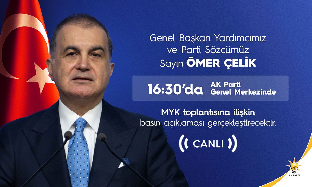 Akparti's tweet photo. Genel Başkan Yardımcımız ve Parti Sözcümüz Sayın @omerrcelik saat 16.30’da AK Parti Genel Merkezi’nde MYK toplantısına ilişkin basın açıklaması gerçekleştirecektir. https://t.co/zMvwl7Hia9