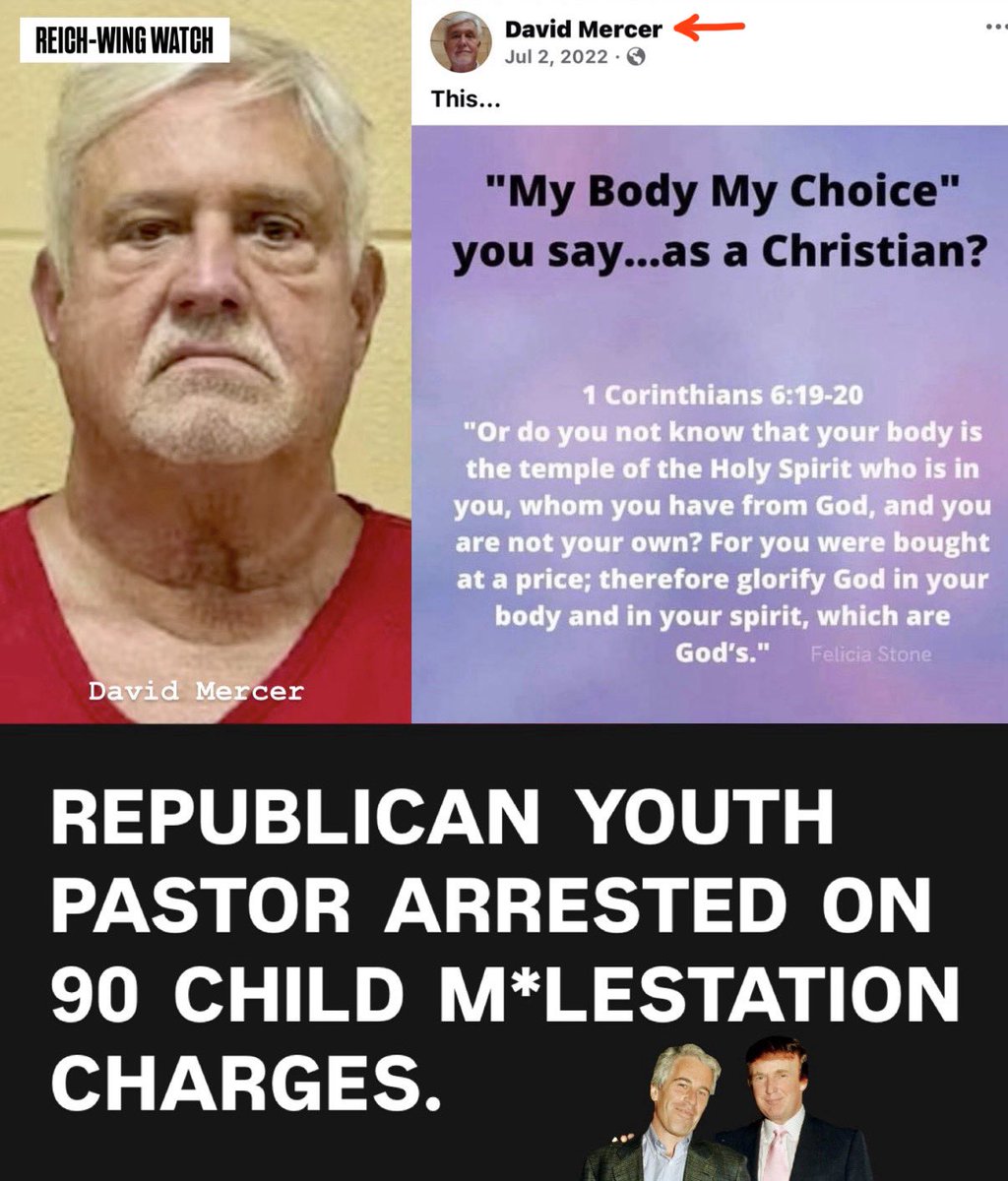 ReichWingWatch's tweet photo. 🚨BREAKING: “Man of God” arrested on 90 counts of child molestation — after decades of posing as a defender of “biblical values” on Facebook.

David Mercer, 72, spent years online lecturing his 1.8K Facebook friends about “guarding the hearts and minds” of children, blasting secular schools, and warning that pastors are persecuted and betrayed (of course 🙄). He was, until his arrest, still working as a youth pastor in Folsom, Louisiana.

Now Bossier Parish Sheriff’s deputies say Mercer m*lested at least 4 children between 1989 and 1995, while he was youth minister at Cypress Baptist Church of Benton — a position he resigned from in 1995. He was arrested July 10 without incident and booked into the Bossier Parish Maximum Security Facility on 90 counts of forcible fondling m*lestation of a juvenile. 

His bond is set at $2.5 million.

Sheriff Julian Whittington didn’t mince words: “Although nearly 40 years have passed, the passage of time does not lessen the seriousness of these crimes or the impact they have had on those affected.” He’s urging any additional victims or witnesses to come forward — investigators expect more charges and more victims.

Let that sink in: this man spent decades after leaving that church continuing to work with kids, all while posting about “protecting” children from secular culture, ranting about a Disney cartoon “normalizing paganism,” and sharing memes insisting the Bible should matter more to people than their phones.

This is the same script we’ve seen over and over — the loudest self-appointed guardians of “family values” are too often hiding the ugliest secrets. Meanwhile actual survivors waited nearly 40 years for justice to even begin.