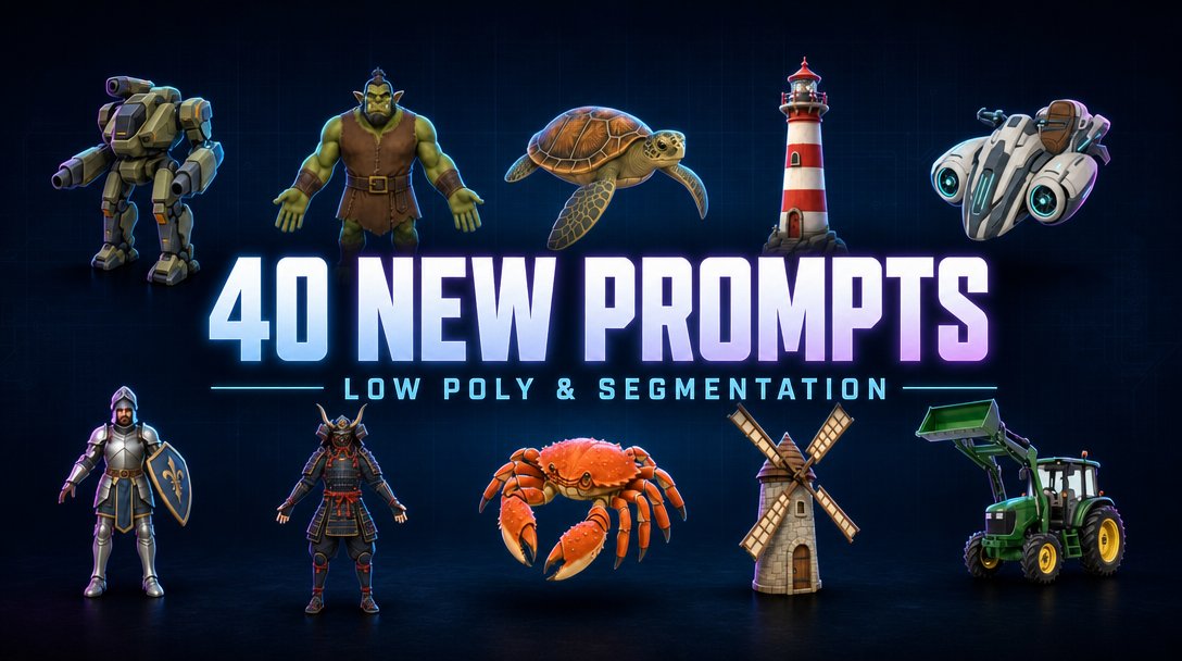 top3dai's tweet photo. 118 new prompts in two weeks. The last 40 landed today.

We rebuilt the Textured and Geometry pools with 78 prompts last week. Low Poly and Segmentation just got theirs: 20 each, plus new tools we tested and dropped straight into the line-up.

New in Low Poly: @MeshyAI T2, @Neural4D, @TriverseAI, @YVOVY_AI and @Alpha3D_io 5.
New in Segmentation: Meshy 6 Auto Split, @tripoai Segmentation v2.1, Alpha3D 5 and @Hitem3D 2.1 Split to print.

How good any of them are is genuinely open and that's where you come in. Two models side by side, no names, you pick the better one. The settings, the cost and the generation time show up after you vote.

Both arenas are open:
https://t.co/yhmo0ZPQ1X