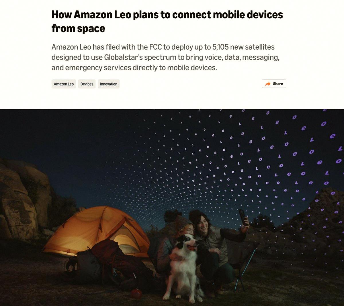 55_920k's tweet photo. Amazonの衛星部門LeoがFCCに申請、最大5,105機の低軌道衛星でスマホ直結通信を実現へ。音声、メッセージ、データ、緊急サービスを対応端末に直接届ける計画で、展開は2028年開始予定🚀

これは既に390機以上を軌道に持つLeoのブロードバンド衛星網に加わるもので、固定通信サービスの展開も今年後半 https://t.co/1POVgiH7Ux