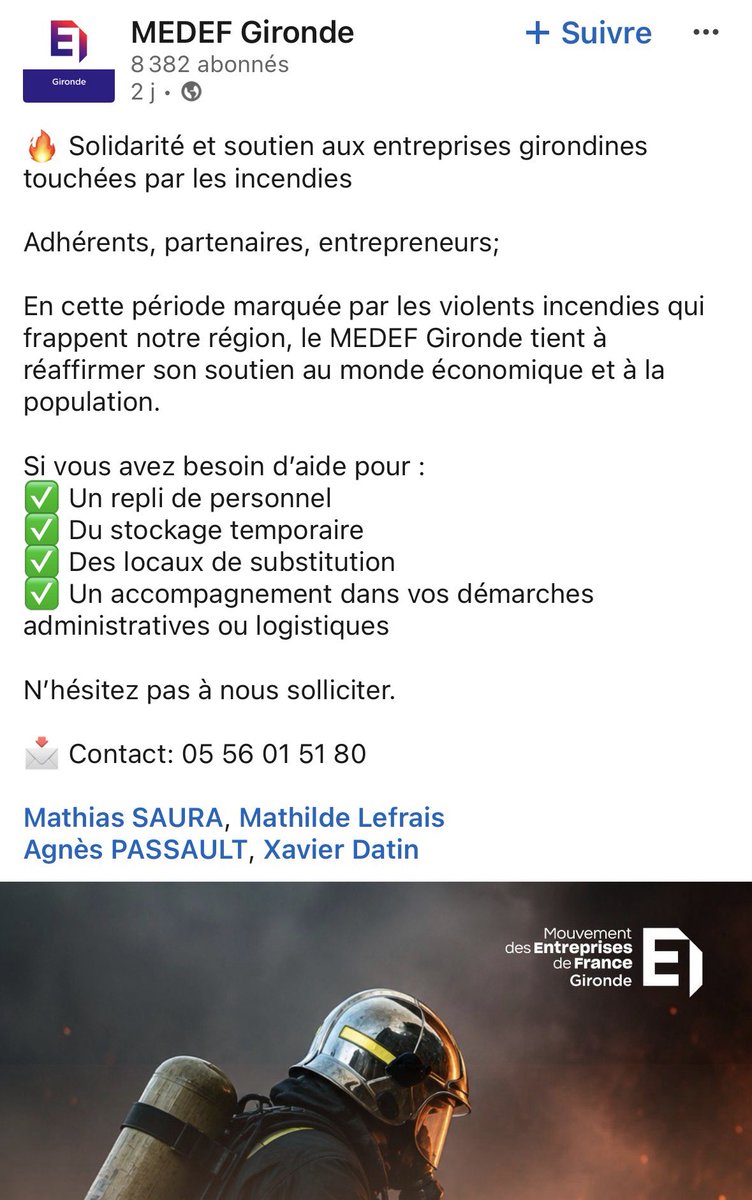 f_lesache's tweet photo. Mobilisation des MEDEF Gironde et MEDEF Landes aux côtés des entreprises touchées par les incendies.
N’hésitez pas à les contacter ⬇️

@medef https://t.co/ncYF24GFUr