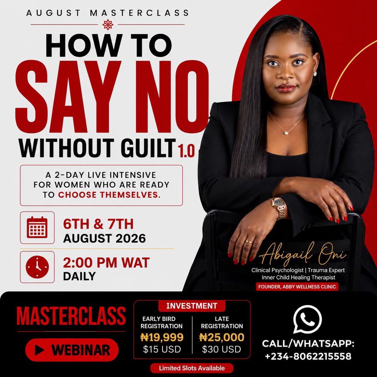 AbbyWellness's tweet photo. What's harder for you?
Saying "I need help."
Saying "No."

That's exactly why we're hosting "How to Say No Without Guilt 1.0"—a practical masterclass to help you build healthy boundaries.
See you on August 6–7 at 2 PM WAT.
#MentalHealth #Boundaries #AbbyWellnessClinic https://t.co/WRLqBaDd3V