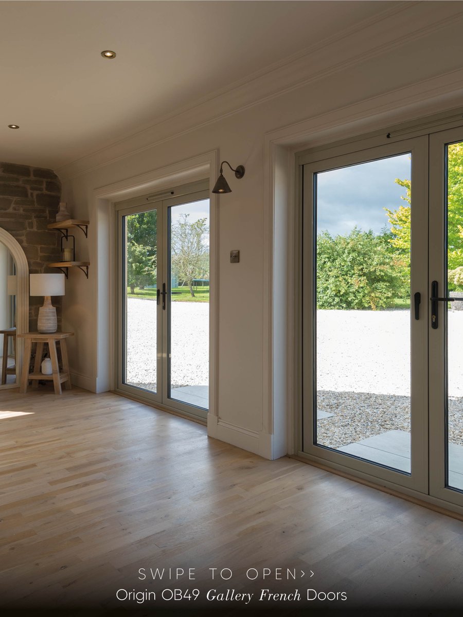 Originbifolds's tweet photo. Some homes deserve frames that never compete with the view. 🤍

For her beautiful Scottish steading, Marie (@storries.scottish.steadings) chose our Gallery style OB49 French Doors in RAL 7032 Gloss. Soft, timeless and perfectly suited to the character of the stonework. 

These OB49 French doors flood the space with light while creating a seamless connection to the garden beyond🤩🖼️

Swipe to see them open➡ Would you choose French doors over bifolds?

#OriginGlobal #FrenchDoors #ScottishHomes #GalleryCollection #HomeInspiration