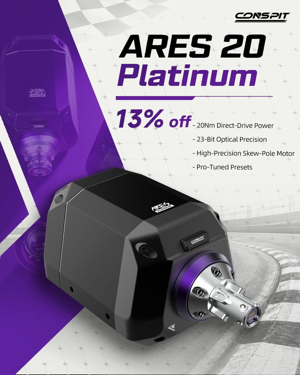 OfficialCONSPIT's tweet photo. ARES 20 Platinum
Now $649*. 13% off.
*Price excludes VAT and shipping.
- 20Nm Direct-Drive Power
- 23-Bit Optical Precision
- High-Precision Skew-Pole Motor
- Pro-Tuned Presets
#CONSPIT
#ARESPlatinum
#DirectDrive
#SimRacing
#WheelBase https://t.co/IkbxFmQzzs