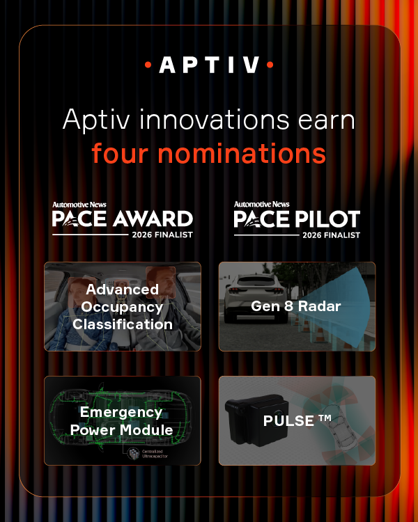 Aptiv's tweet photo. Excited to share that multiple @Aptiv innovations have been recognized as finalists for the 2026 @Automotive_News #PACEAwards!

Advanced Occupancy Classification (AOC) and Emergency Power Module for the 2026 PACE Awards, Gen 8 Radar and Aptiv’s PULSE™ for the PACEpilot Awards. https://t.co/aWLrozjPMA