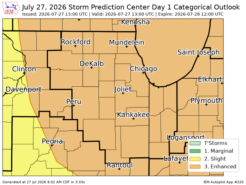 tychistorm's tweet photo. #SPC issues Day 1 Enhanced Convective Risk at Jul 27, 13:00z for LOT https://t.co/ncEuNfJCPx https://t.co/ajAwofbZs3
