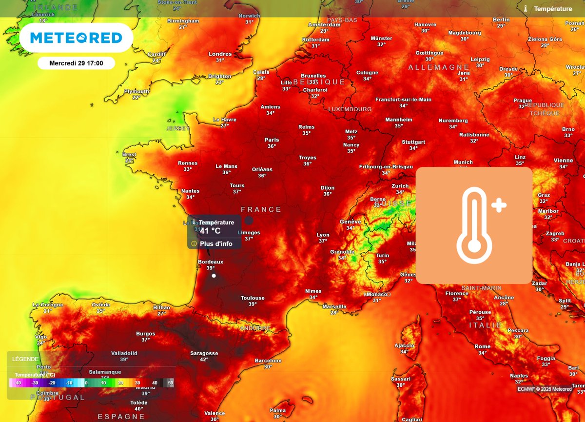 MeteoredFR's tweet photo. 🌡️ #Meteo cette semaine en #France : la 4ème #canicule de l'été s'installe, plus de 40°C attendus dans plusieurs régions 🥵

Les #previsions de Guillaume Woznica ⤵️
https://t.co/PCaYn7mAcn https://t.co/O0uRRaXuj3
