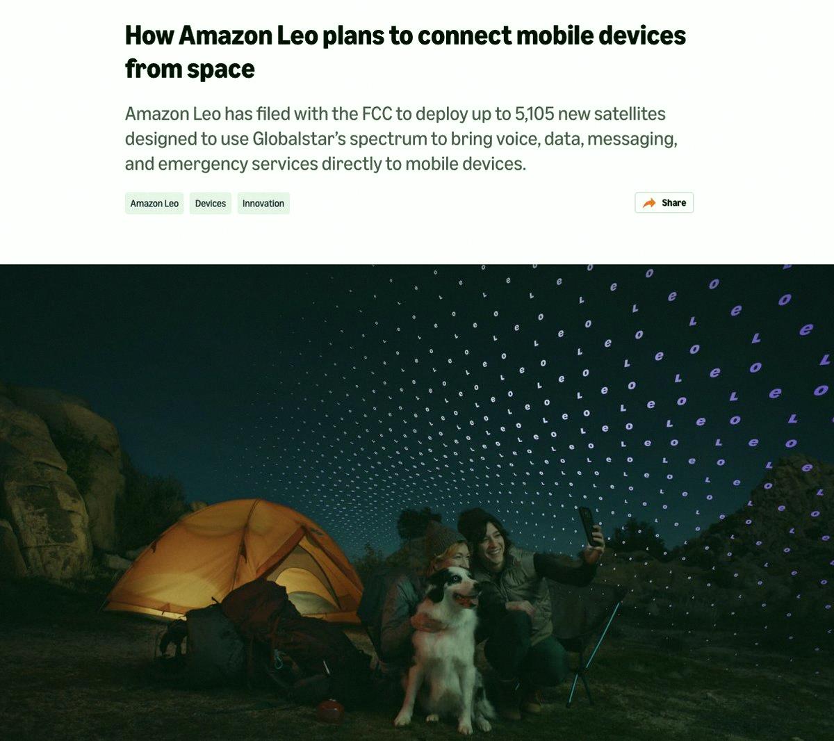 na_ki06's tweet photo. Amazonの衛星部門LeoがFCCに申請して、最大5,105機の低軌道衛星コンステレーションを打ち上げる計画を発表したよ。

「互換性のあるスマホに直接、音声、メッセージ、データ、緊急サービスを届ける」らしい。

展開は2028年開始予定で、既に390機以上の衛星を運用中のブロードバンドネットワーク https://t.co/U55WCbTu2k
