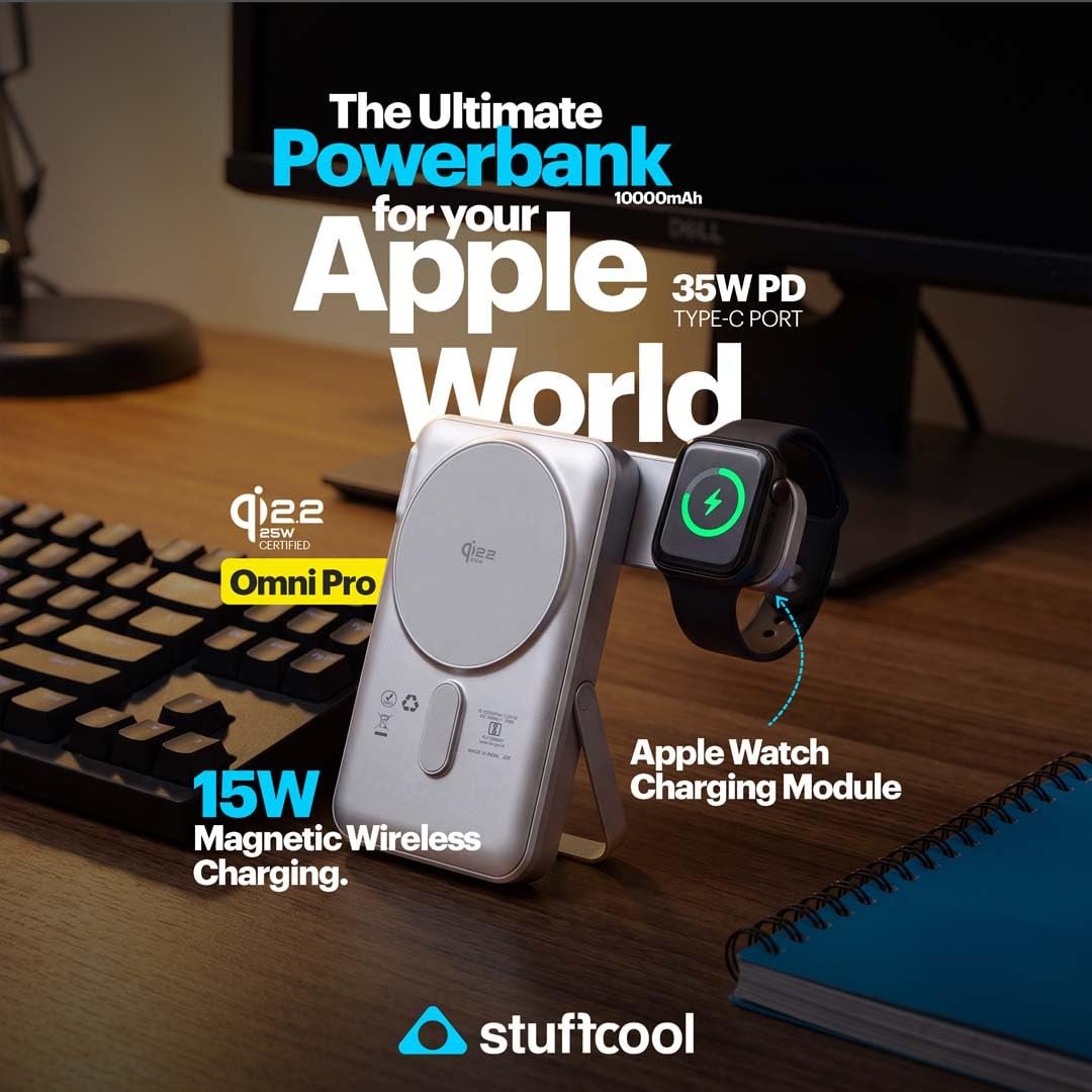stufflistings's tweet photo. Stuffcool made a 10,000mAh power bank that charges your iPhone, Apple Watch, and AirPods.

25W Qi2.2 magnetic wireless charging, slide-out Apple Watch charger, 35W USB-C charging, built-in kickstand, digital battery display, priced at ₹4,999.

The Stuffcool Omni Pro... https://t.co/ROHm7dMVrp