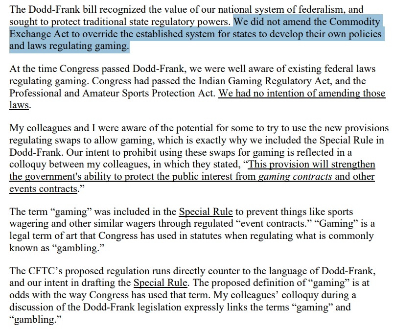 GeoffZochodne's tweet photo. Here's former US Sen. Chris Dodd (of the Dodd-Frank Act) on the CFTC's proposed prediction market rules. He's not a fan:

"We did not amend the Commodity Exchange Act to override the established system for states to develop their own policies and laws regulating gaming." https://t.co/W0JoHTznZ2