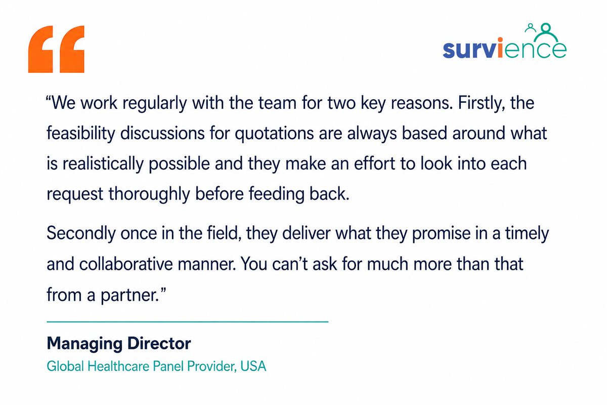 SurvienceHQ's tweet photo. "The feasibility discussions are always based around what is realistically possible. Once in the field, they deliver what they promise." — Managing Director, Global Healthcare Provider

Honest feasibility. Delivery that holds. That is the standard.

#HealthcareResearch #HCPPanel https://t.co/AfieeaasG4