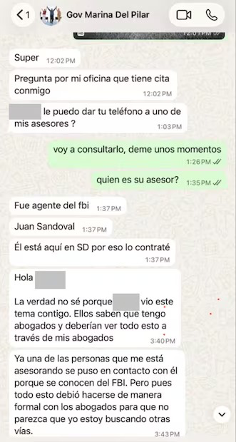 azucenau's tweet photo. 🚨Marina del Pilar habría sostenido gestiones con presuntos intermediarios vinculados a agencias estadounidenses para intentar evitar posibles cargos en su contra, según una revelación del periodista Héctor de Mauleón (@hdemauleon).

De acuerdo con la publicación en @El_Universal_Mx, la gobernadora de Baja California habría contratado al exagente del FBI Juan Sandoval como consultor y, posteriormente, se realizaron reuniones con agentes de EU para abordar el caso.

También se difundieron capturas de pantalla de conversaciones en las que, presuntamente, se habla de esa estrategia.

#AzucenaxFórmula