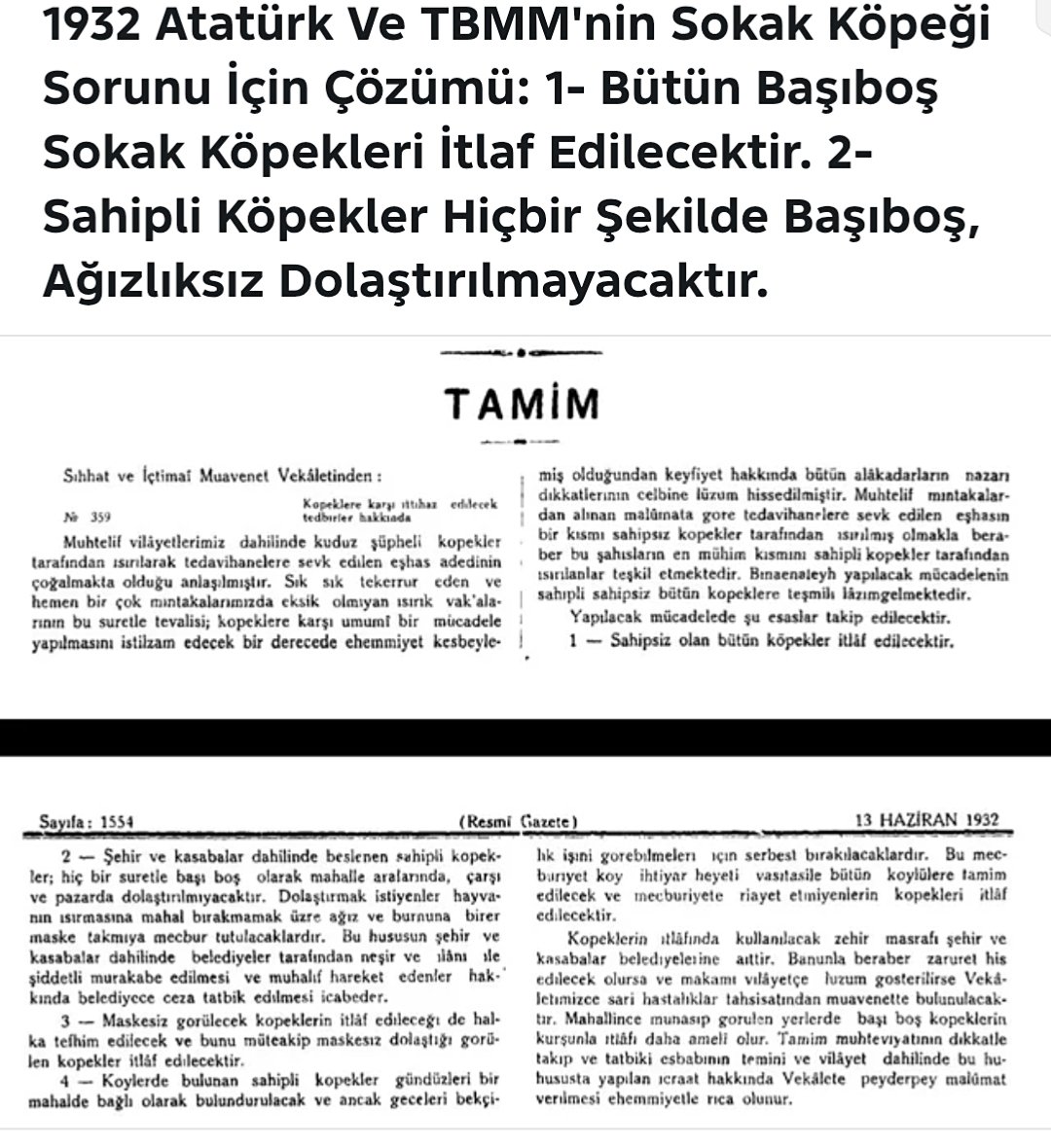 MiracKavala1961's tweet photo. 1932 tarihli bu tamimde dikkat çeken nokta yalnızca sahipsiz köpeklerle ilgili düzenleme değildir. 2. maddede, sahipli köpeklerin de başıboş dolaştırılması yasaklanmış, dışarı çıkarıldıklarında ağızlık takılması zorunlu tutulmuştur. Bu da dönemin kamu güvenliği ve kuduzla mücadele anlayışında, riskin yalnızca sahipsiz hayvanlarla sınırlı görülmediğini göstermektedir.

Aradan yaklaşık bir asır geçti. Bilim ve tıp büyük ilerleme kaydetti ancak başıboş ve sahipli hayvanların yönetimi ve kuralların uygulanması konusunda hâlâ ciddi tartışmalar yaşıyoruz.

Tartışmalar değil uygulanan tedbirler hayat kurtarır. 

MK