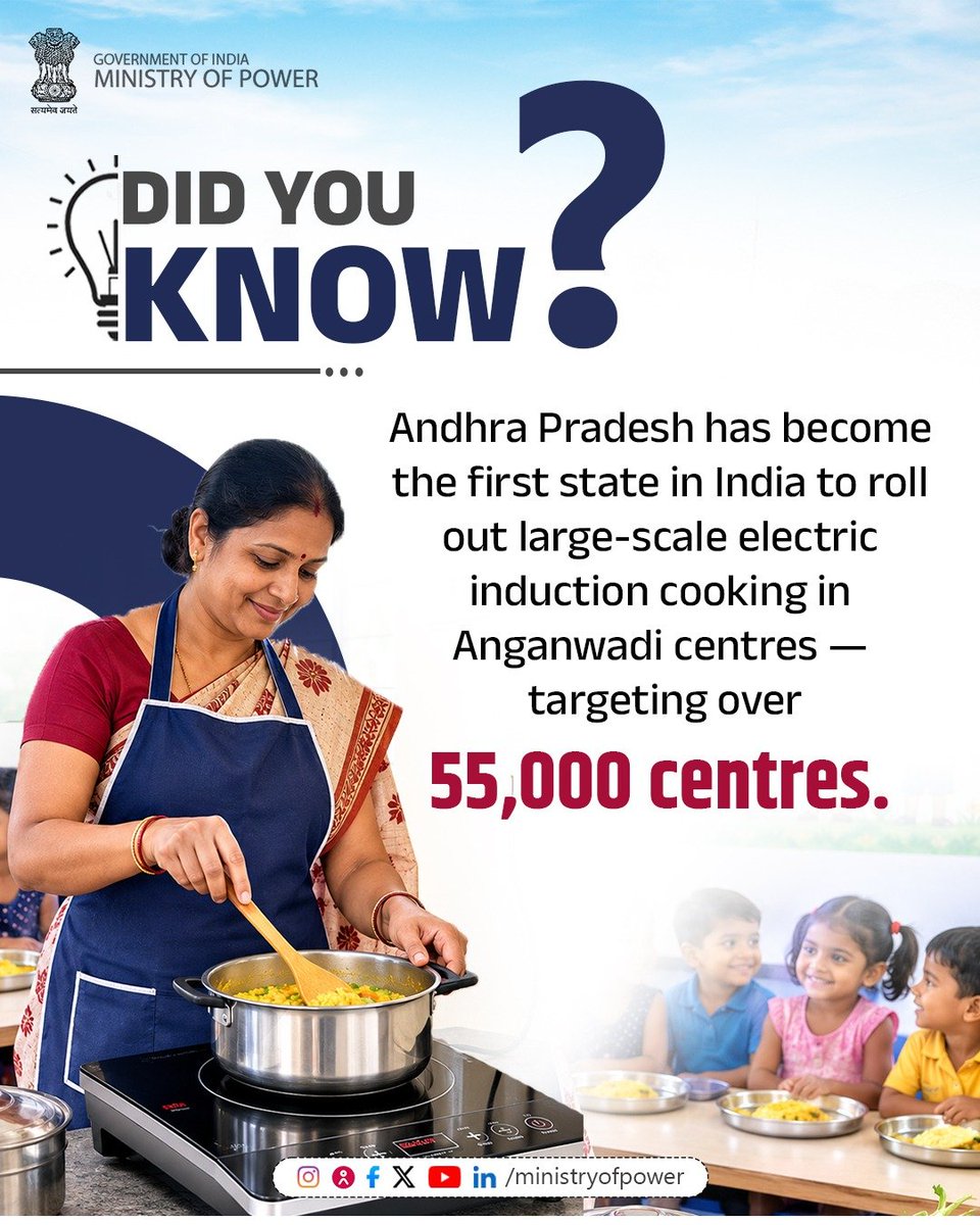 MinOfPower's tweet photo. A step towards cleaner, smarter cooking!

Andhra Pradesh has become the first state in India to roll out electric induction cooking in 55,000+ Anganwadi centres, marking a major step towards safer and more sustainable cooking. https://t.co/Yk53FeFNQH