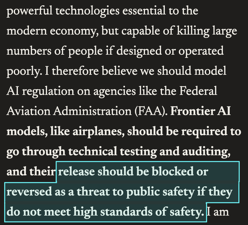 ZackKorman's tweet photo. Please realize that Dario's views go far beyond opposing open-weight models. He doesn't want any model to exist, open or closed, that doesn't conform to his view of safety.

These safety standards include cybersecurity capabilities and automated AI R&amp;D. https://t.co/kv4D4PWfxM
