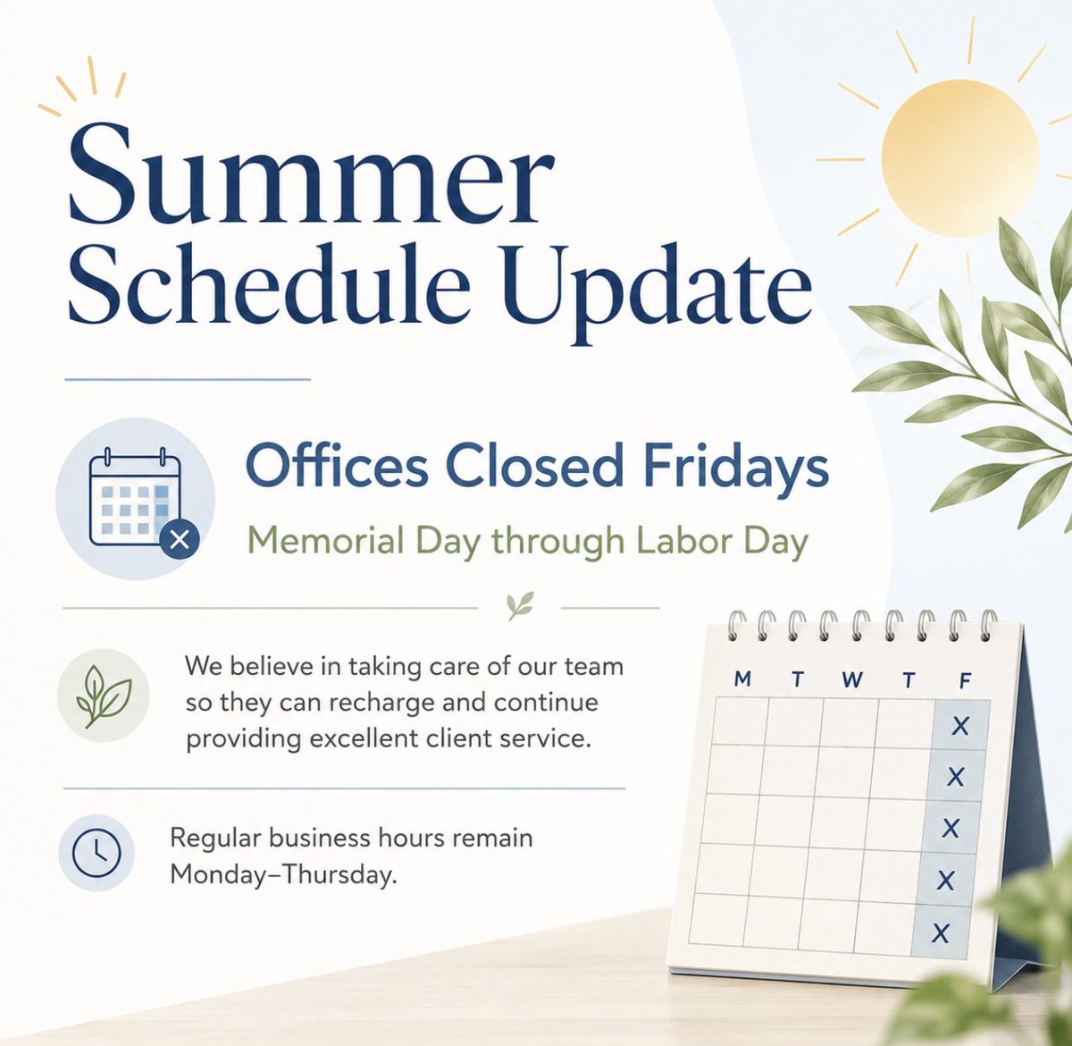 BPPC1986's tweet photo. Summer schedule note: Our offices are closed on Fridays from Memorial Day through Labor Day so our team can recharge.

Client service remains a priority, and we’re available Monday–Thursday during regular business hours. Thank you for your understanding! https://t.co/YN0WNAm6hm