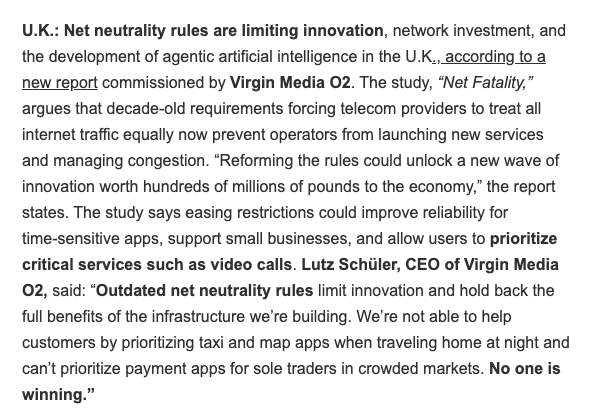SayreEvan's tweet photo. From today's @TedatPolicyband: UK's outdated net neutrality rules are hurting investment and preventing providers from launching new services and managing congestion. https://t.co/ZcKhX7U7I8