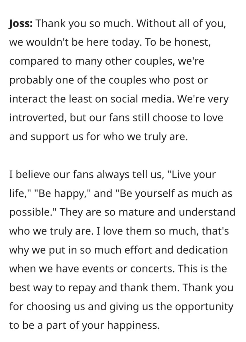minimw69's tweet photo. "to be honest, compared to many other couples, we're probably one of the couples who post or interact the least on social media. we're very introverted, but our fans still choose to love and support us for who we truly are."

🥹🥹🫶

#JossGawin #JossGawinConcert 
#JossWayar #GawinCaskey 

https://t.co/hucGuaN1xR