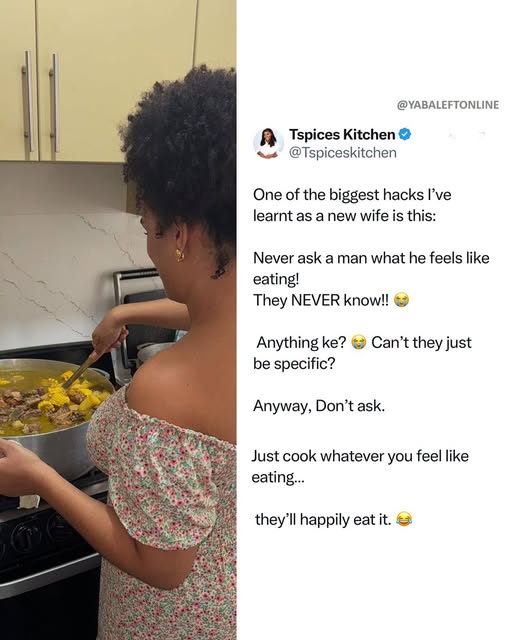 yabaleftonline's tweet photo. "Never ask a man what he feels like eating! They never know" – Lady shares hack she learnt as a new wife https://t.co/r9G4gKdNX8