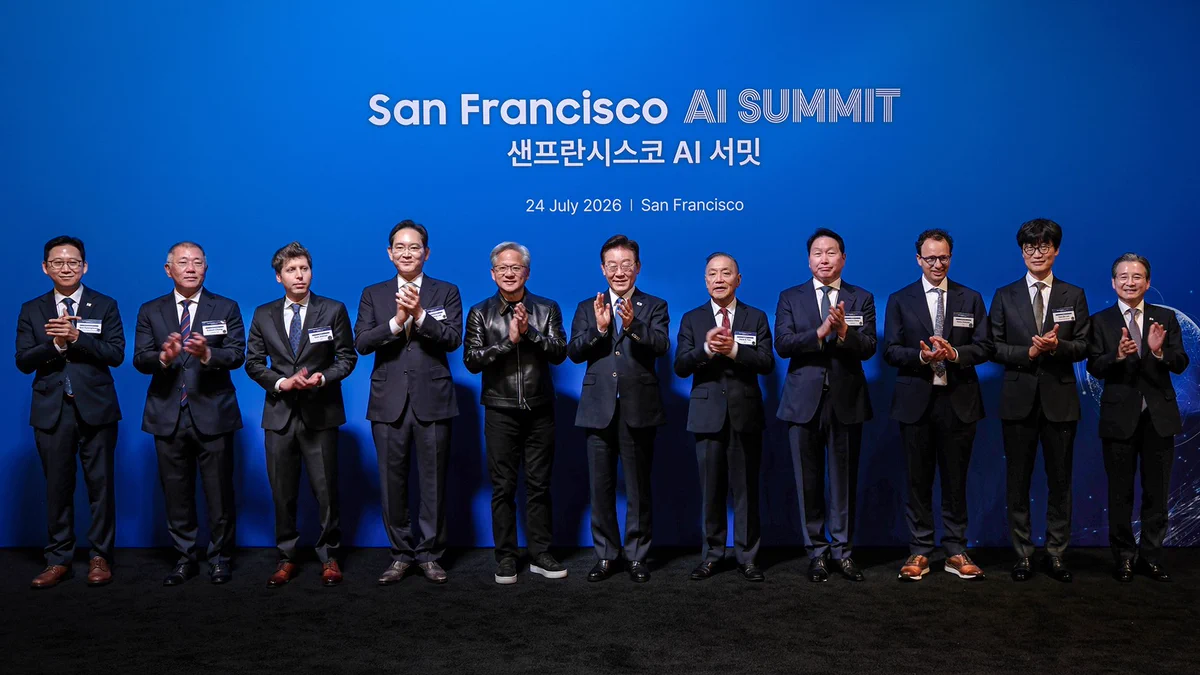 Group of 11 people in suits clapping at AI Summit in front of blue backdrop.