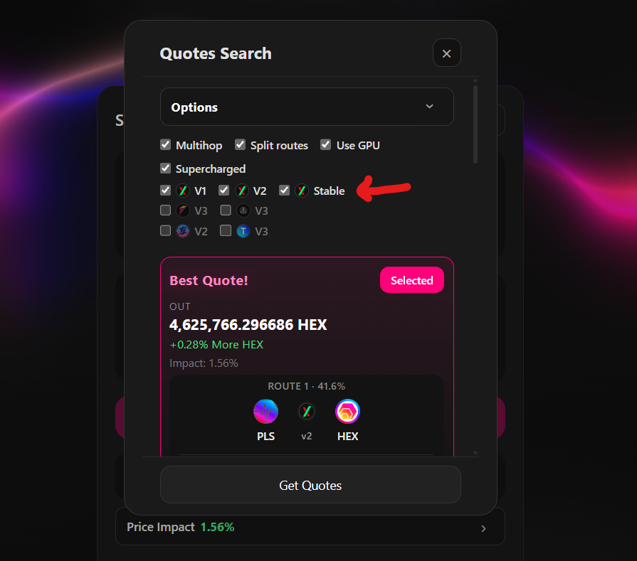 StarfireDV's tweet photo. What's great about StarfireX?

You don't have to deprive PulseX from the buy and burn if you don't want to. It's your freedom to choose which routes get chosen.

Want to increase the buy and burn of PLSX, just disable the other DEXs when searching for a quote and you'll get the best possible rate using PulseX only.

No middlemen. No APIs. Fully customizable.
The best swap routes period.