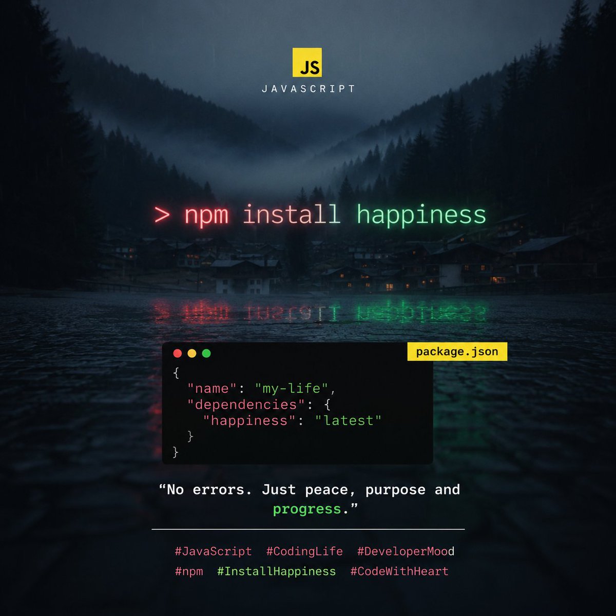 jaffery_for's tweet photo. > npm install happiness 💚

No errors.
No warnings.
Just peace, purpose and progress.

Every developer wishes this command existed.

#JavaScript #NodeJS #100DaysOfCode #BuildInPublic #Coding #WebDev https://t.co/rZx70WIlXz