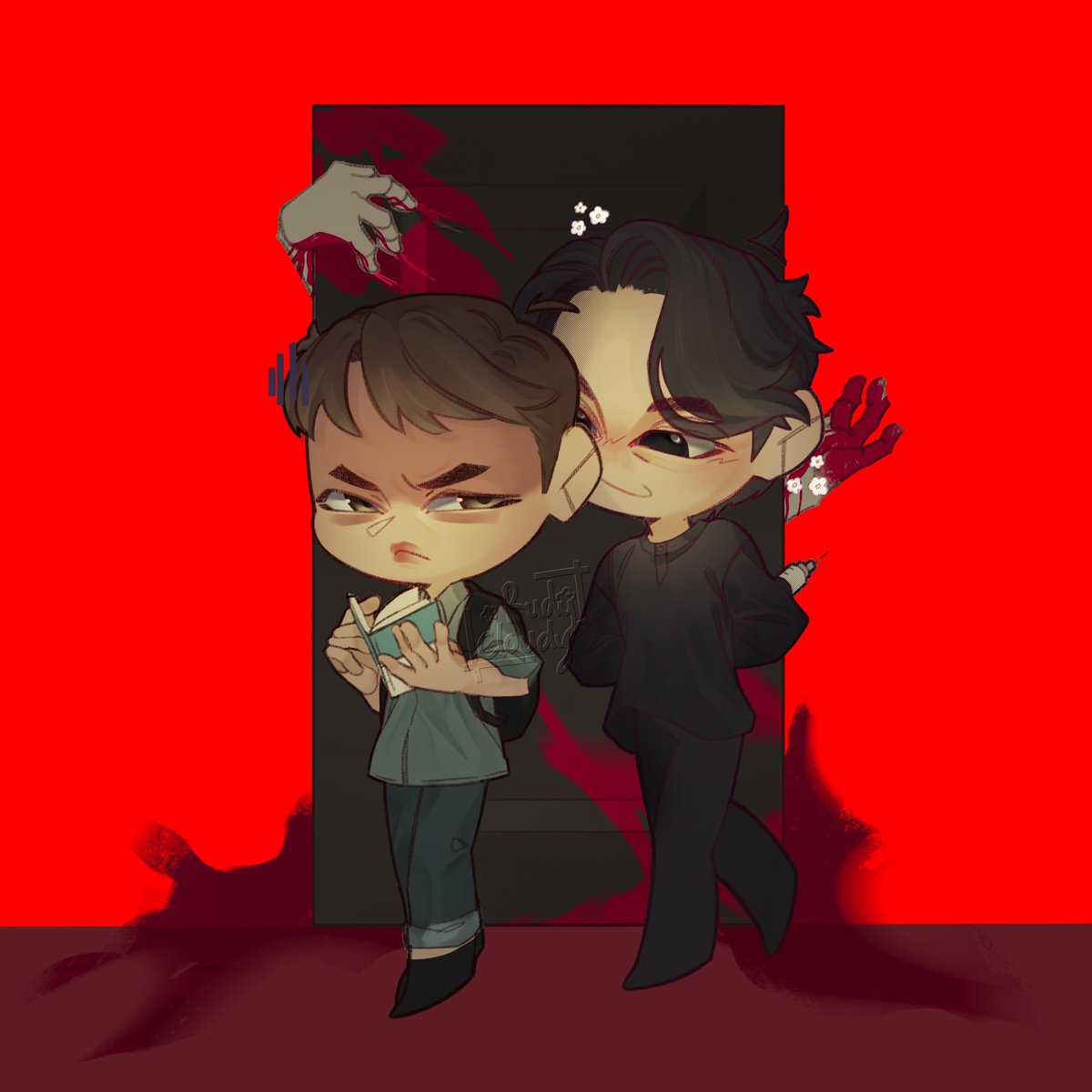 CloudyRudy's tweet photo. (CW: bright colors and blood) Guys I think Jongu totally likes him 😋

#sfh #chibi #타인은지옥이다 #mjjk https://t.co/6HJbUs1EDl