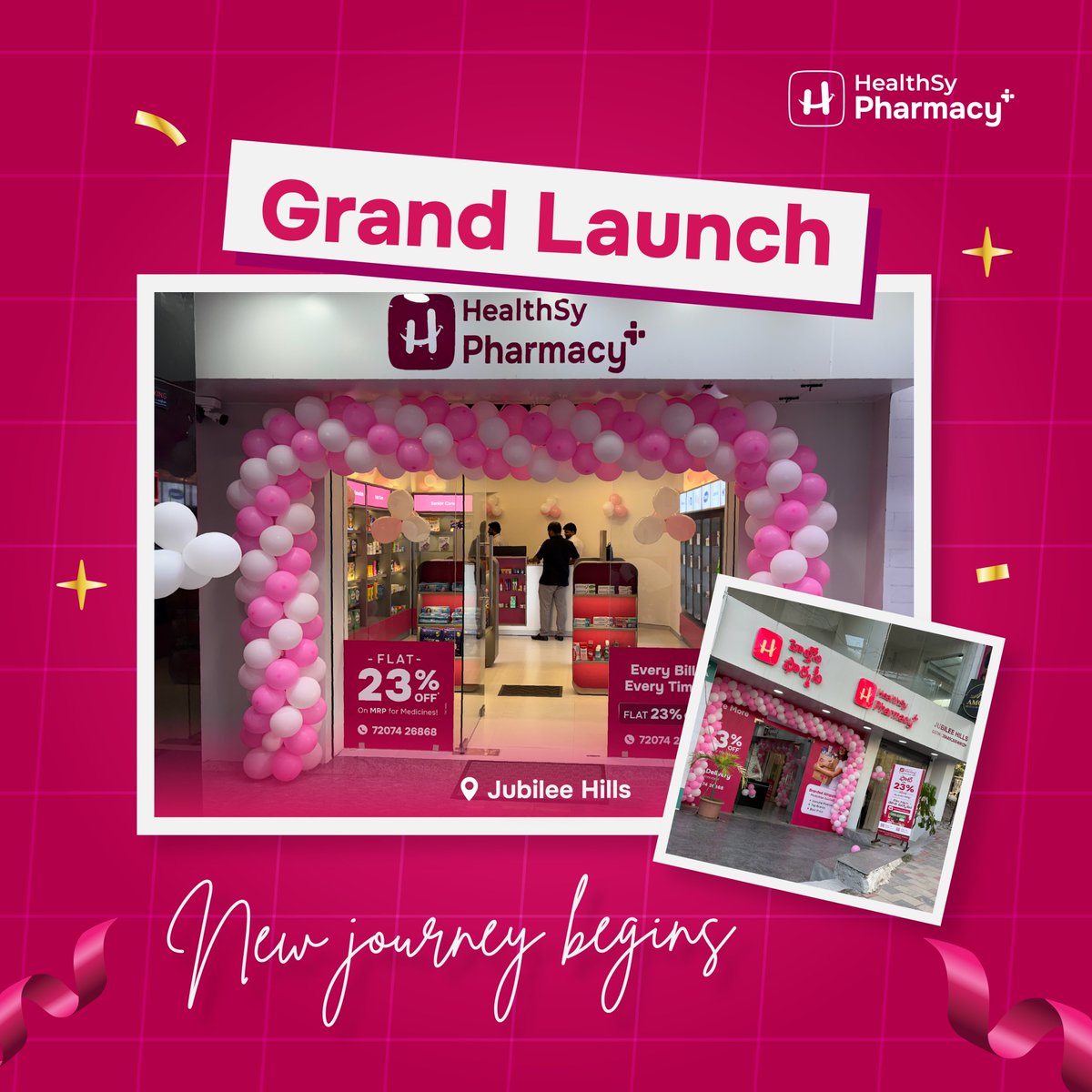 heltsypharmacy's tweet photo. HealthSy Pharmacy is proud to open its doors in Jubilee Hills, Hyderabad. 🎉

Celebrate with FLAT 23% OFF on MRP for Medicines* 💊

📍 Visit us and experience trusted healthcare: https://t.co/AXtbJQqw6t

#storelaunch #jubileehills #hyderabad #newstoreopening #healthsypharmacy https://t.co/Jyx3FgWrws