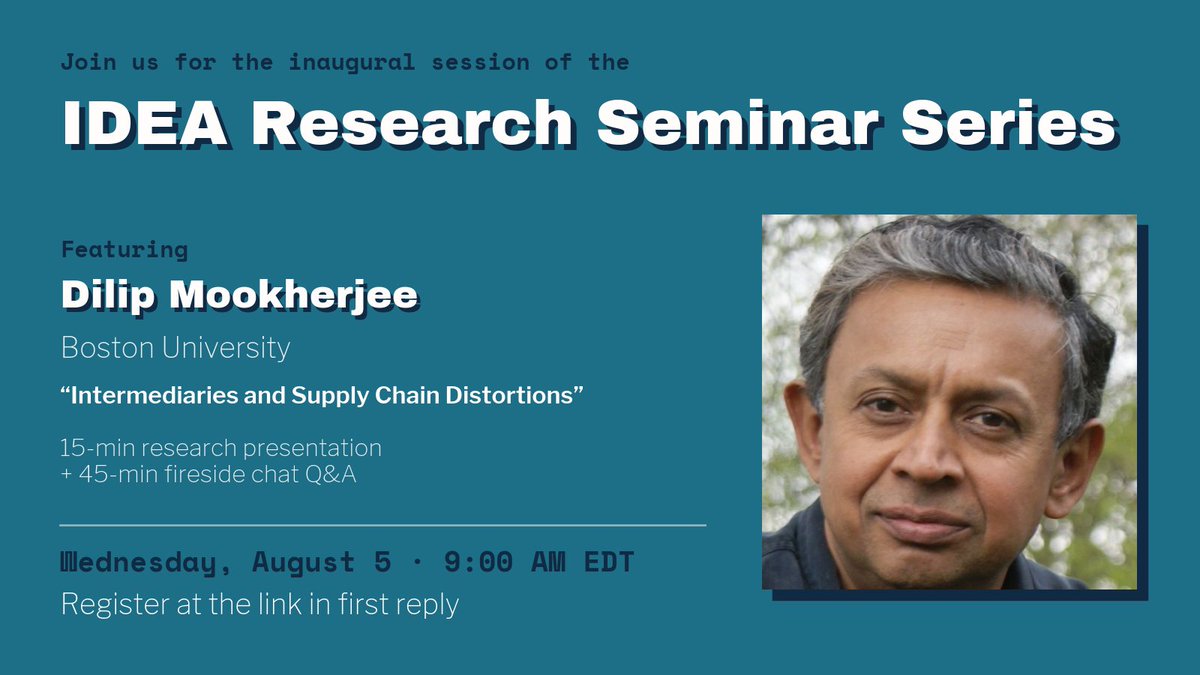 ideadevecon's tweet photo. Join us for the first IDEA Research Seminar, featuring Dilip Mookherjee (Boston University).

Prof. Mookherjee will build upon his NBER invited lecture, which you can watch TOMORROW, Tuesday, July 28 at 9 AM US EDT live on the NBER YouTube Channel (links in first reply) https://t.co/BNWnfbpRmY