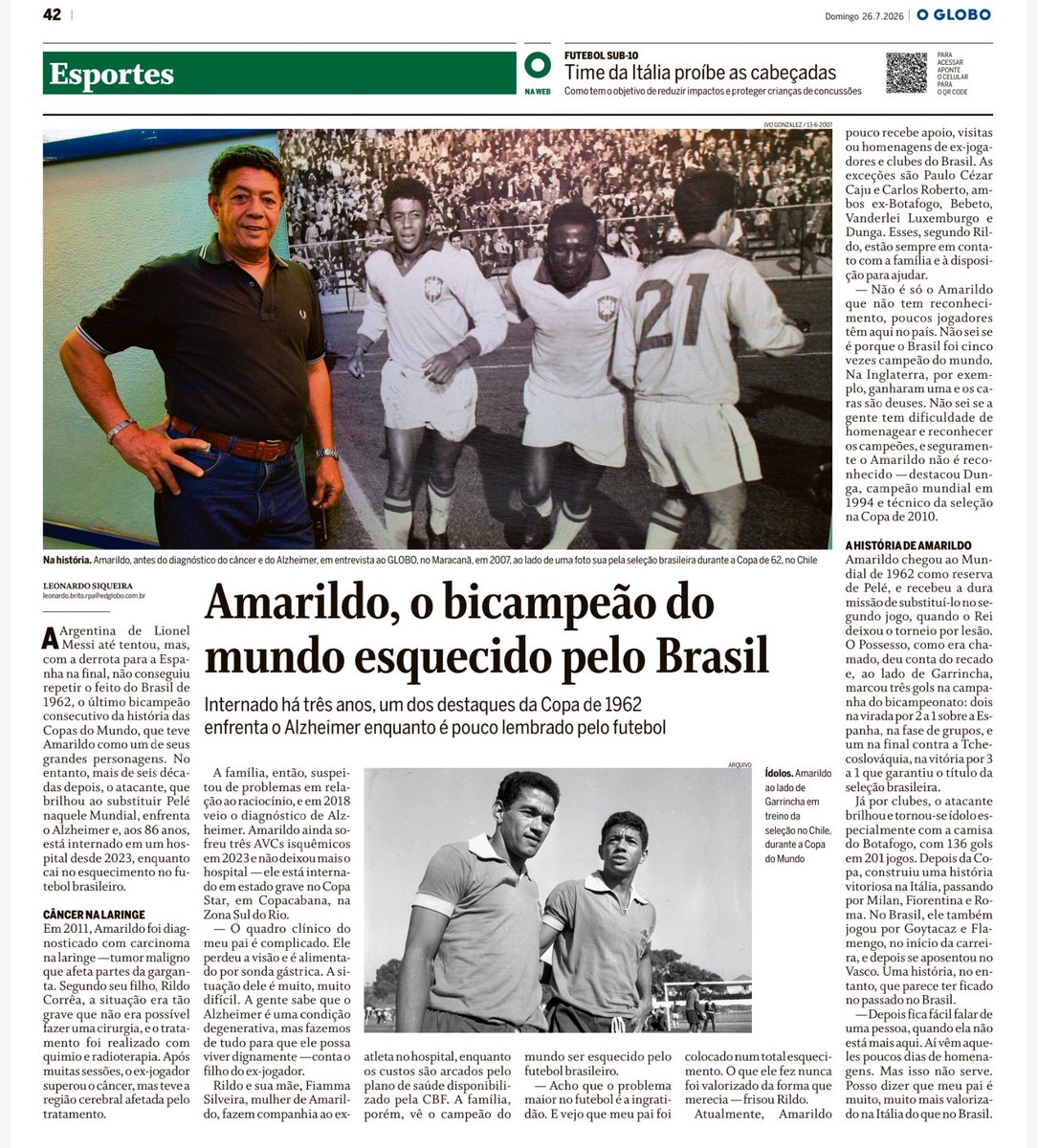 giaoselva's tweet photo. Matéria publicada ontem pelo O Globo mostrou a crítica situação de saúde de Amarildo e chamou a atenção para o esquecimento e a pouca valorização dedicados aos grandes ídolos do futebol brasileiro.

Faço um registro de respeito a PC Caju, Carlos Roberto, Vanderlei Luxemburgo, Bebeto e Dunga, que têm demonstrado preocupação e permanecido em contato constante com a família.