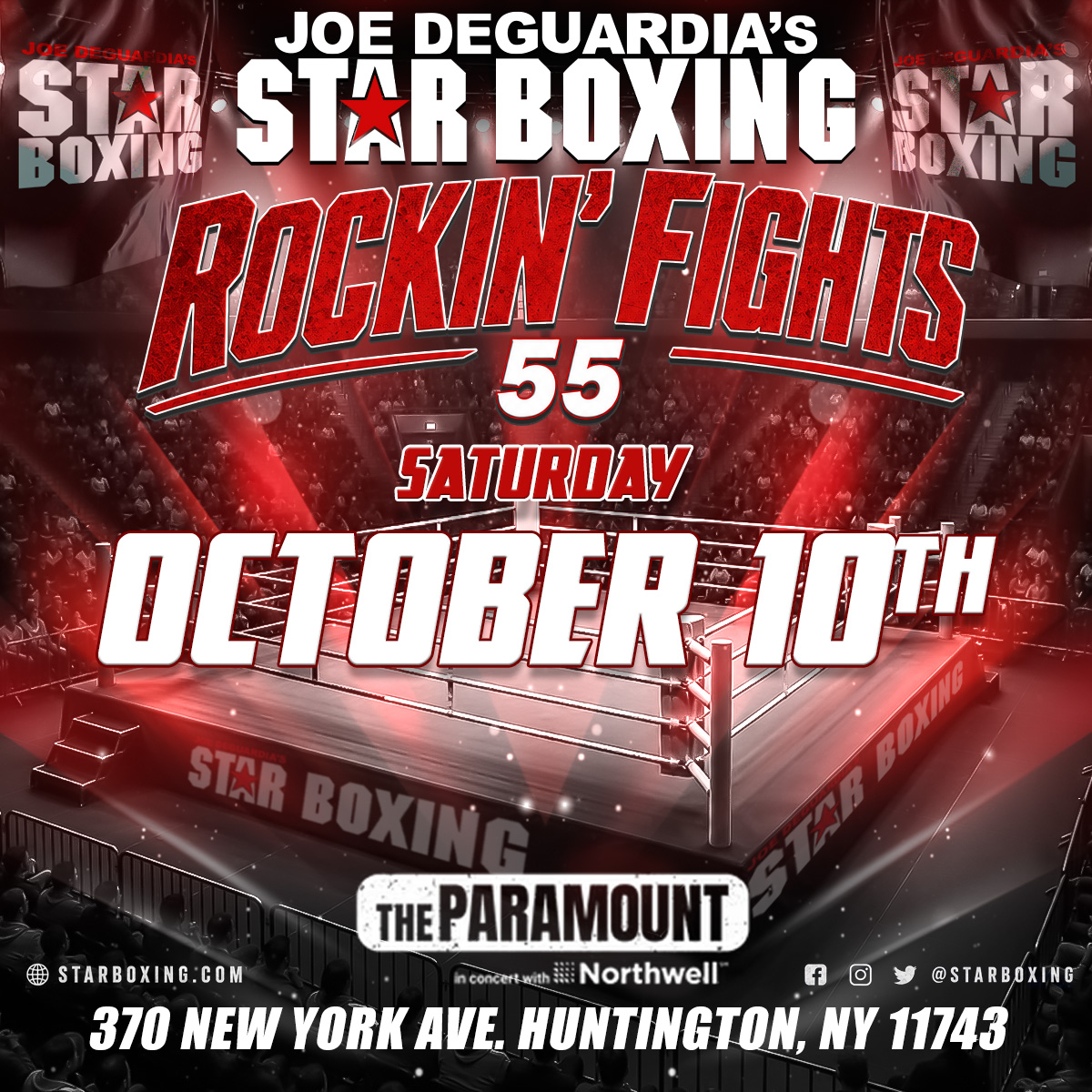 StarBoxing's tweet photo. ⭐️🥊 ROCKIN’ FIGHTS 55 ⭐️🥊

🗓️ SATURDAY • OCTOBER 10
📍THE PARAMOUNT • HUNTINGTON, NY

🚨 EXCLUSIVE PRESALE FOR OUR STAR BOXING FANS! 

🎟️ Tuesday, July 28 at 10:00 AM – Thursday, July 30 at 10:00 PM

➡️ Use Presale Code: STAR

This is your opportunity to secure the best available seats before tickets are released to the general public on Ticketmaster. Don’t wait, our Rockin’ Fights events regularly sell out, and the best seats won’t last long!

🎟️ PUBLIC ONSALE: Friday, July 31 at 10:00 AM

Stay tuned as we’ll be announcing an exciting fight card in the coming weeks!

#StarBoxing #RockinFights #RockinFights55 #LongIslandBoxing #Boxing