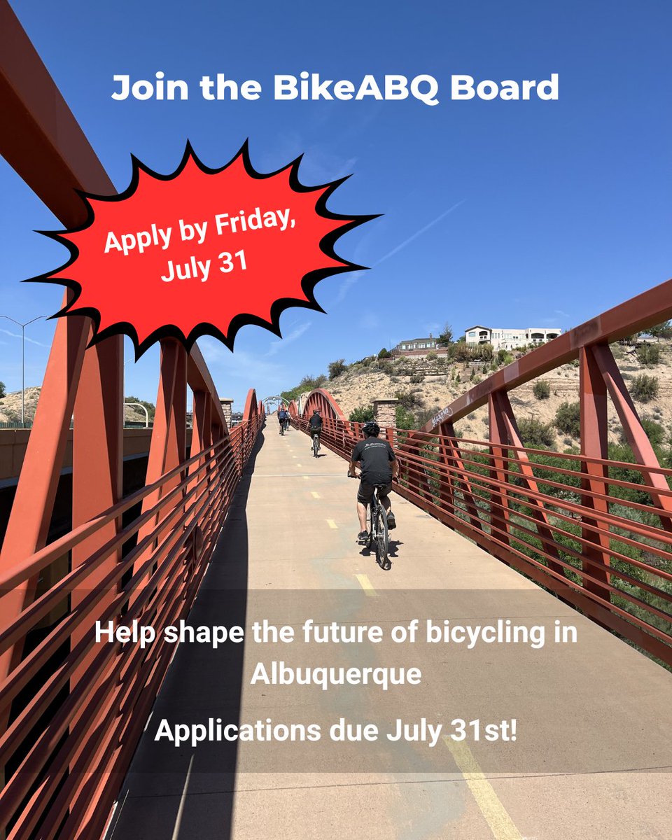BikeABQ's tweet photo. Reminder: BikeABQ Board applications are due this Friday, July 31!

Want to help shape the future of bicycling in Albuquerque? BikeABQ is looking for passionate volunteers to join our working Board. 

Learn more about the position and how to apply: https://t.co/TCU506mzYT https://t.co/r61yGluhpX