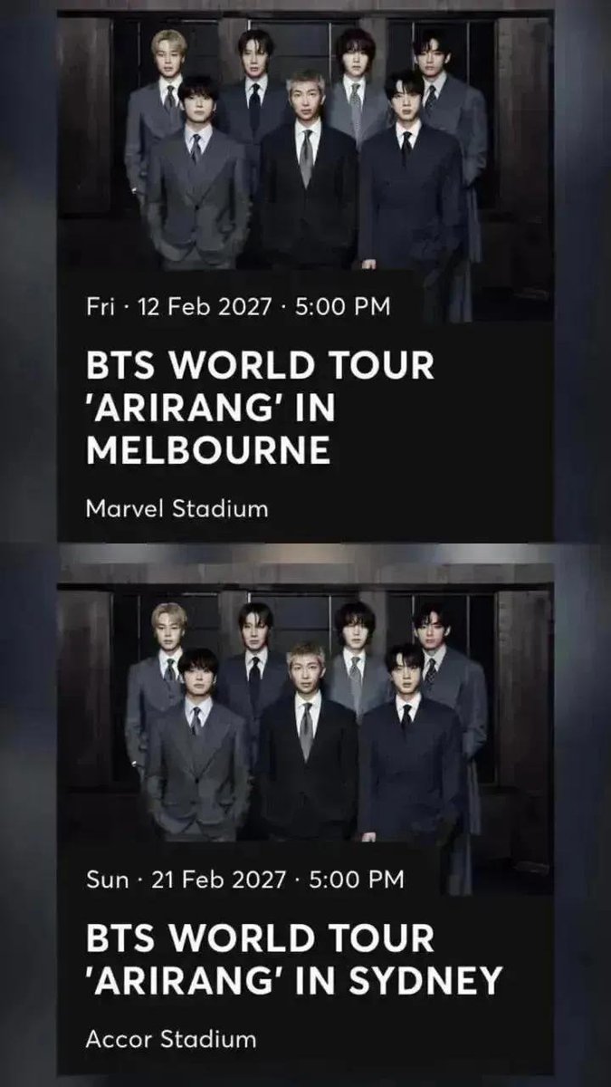 STALLION__10's tweet photo. Selling 4×BTS ARIRANG AUSTRALIA TICKETS -MELBOURNE 🇦🇺
 (X2)  MELBOURNE DAY 1 $200 each
 (X2)  SYDNEY DAY 2 $150 each

 ✨Each can do half deposit til the tix is transferrable or willing to give my ticketmaster login at fullpay 🤗

 ✅No profit taken
✅Selling it to serious buyers https://t.co/1M1grnv9pf