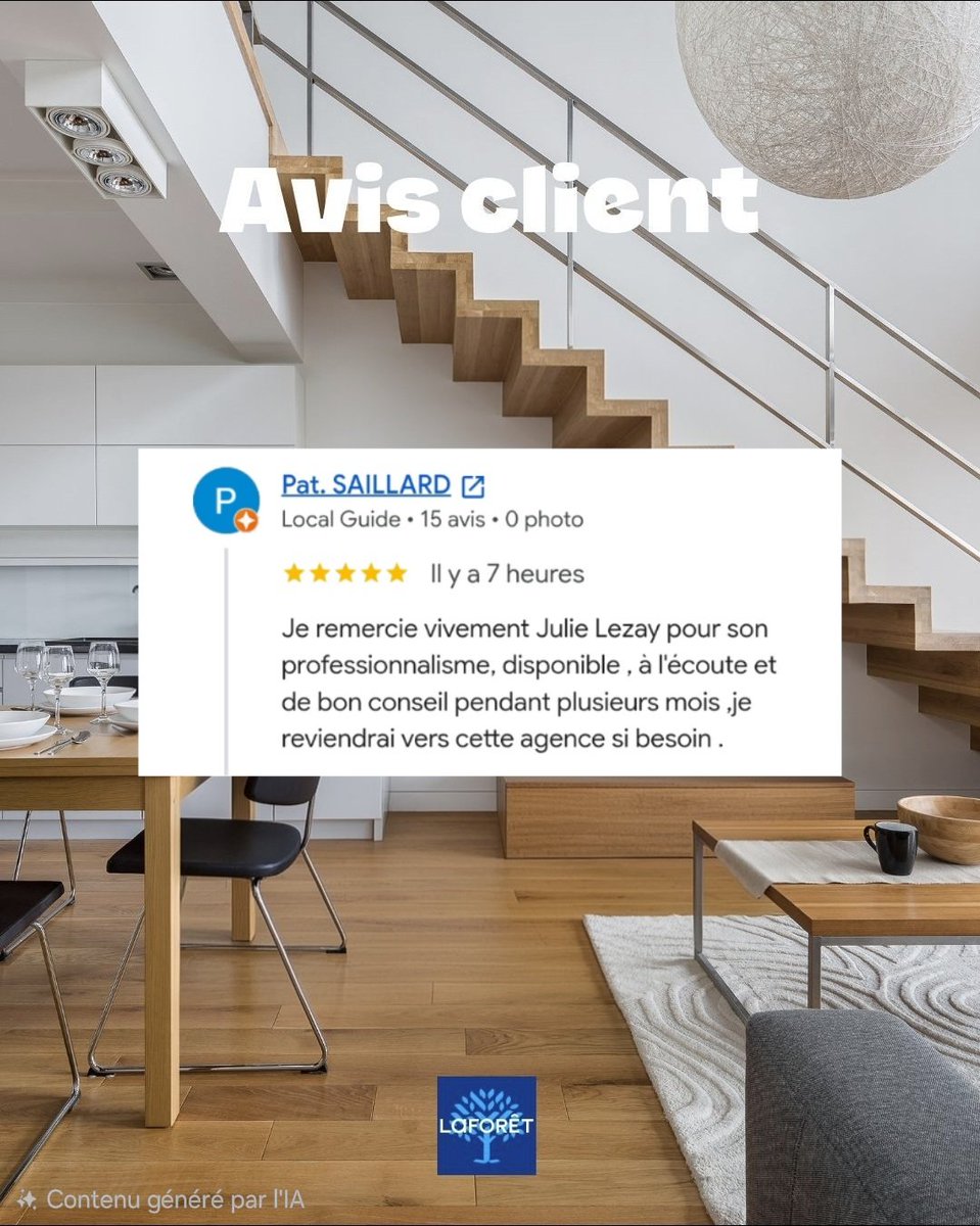 LaforetMouans's tweet photo. ⭐️⭐️⭐️⭐️⭐️
Parce que notre métier ne se limite pas à vendre, mais aussi à conseiller. 🏡✨
Merci pour votre recommandation, c'est notre plus belle carte de visite ! 💚
#LaForet #LaForetMouansSartoux #AvisGoogle #5Etoiles #Merci #Recommandation #Immobilier https://t.co/PioSVNtab6