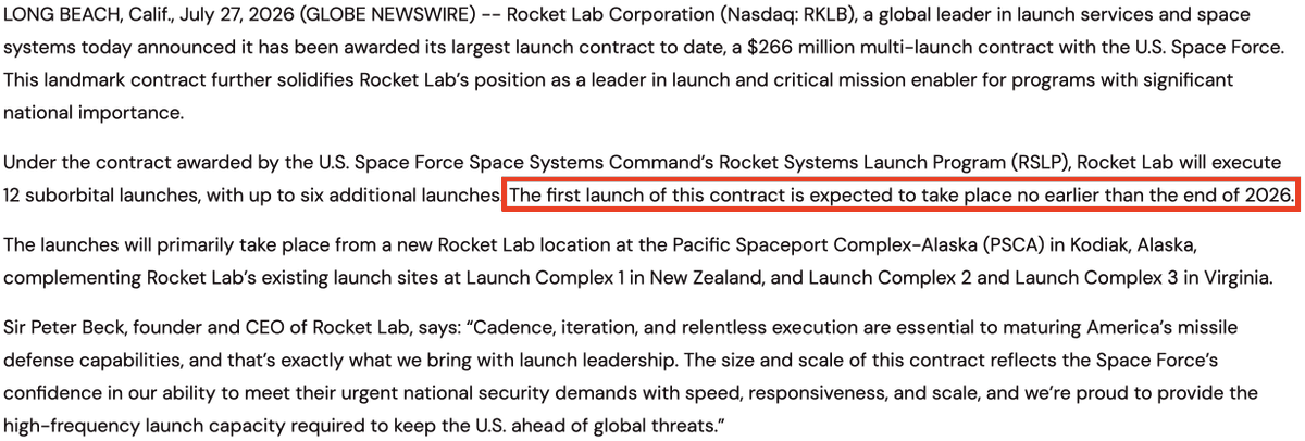 SpaceFortune12's tweet photo. Rocket Lab officially confirms LC-4. We knew this was coming, but the most exciting part of the announcement is that the first launch for this contract is expected in 2026, less than 6 months away.

The only line that makes me doubt whether this first launch will actually be from LC-4 is the word 'Primarily'. It's possible that the first few launches of this contract will be from LC-2 while they build out LC-4.

However, if it is the case that the full contract work is taking place from LC-4 then this is an incredibly aggressive timeline. Will be the fastest launch pad they've ever built, assuming they hadn't already started work before the contract was awarded.

$RKLB